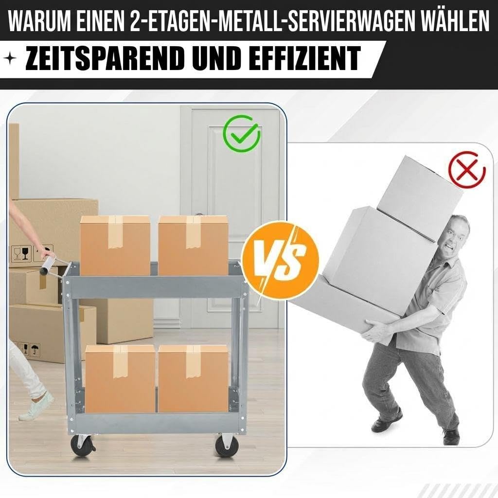 Werkzeugwagen Rollbar 2 Ebenen, Bis 150 kg Belastbar, Metall Werkstattwagen Mit Rollen, Schwerlast Servicewagen Mit Ablagen, Werkzeugwagen Für Garage, Werkstatt, Lager & KFZ-Reparatur, Grau