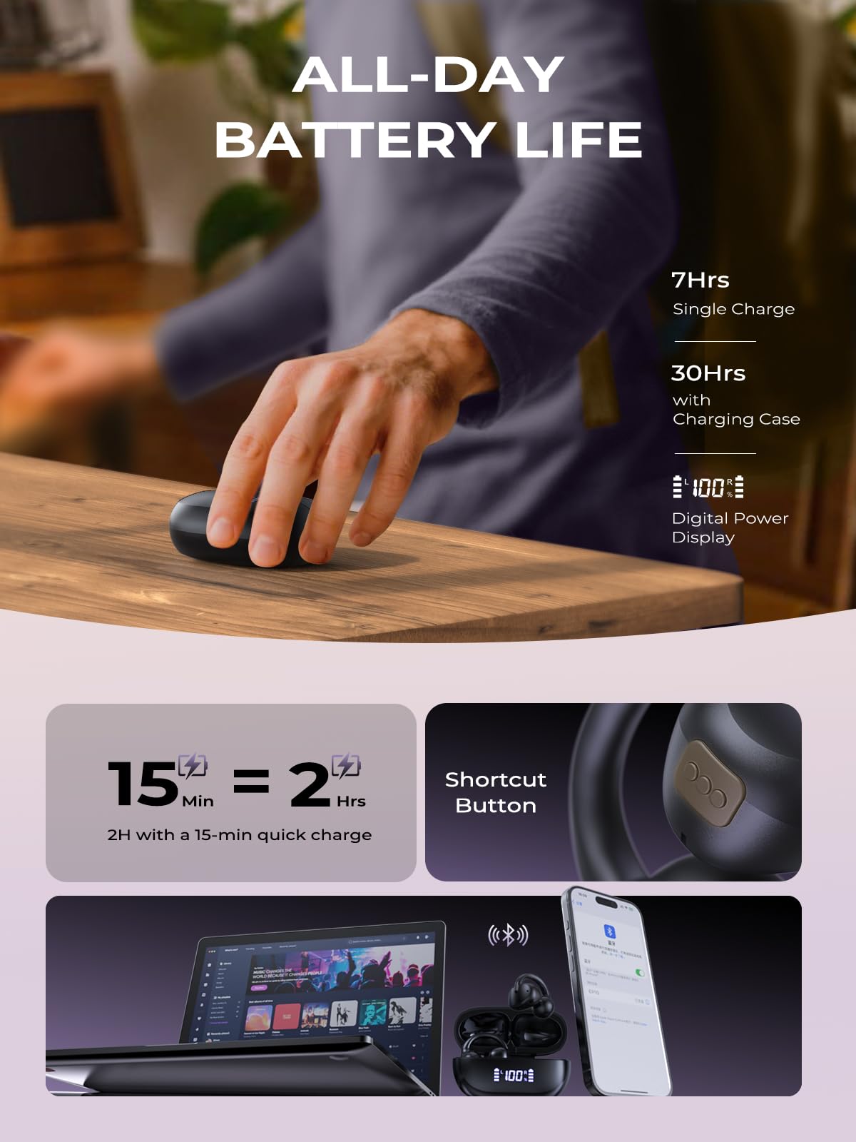 Haowolf Auriculares de oreja abierta, Bluetooth 5.4, auriculares de conducción ósea, inalámbricos, con clip, 5.7 g, ultraligeros