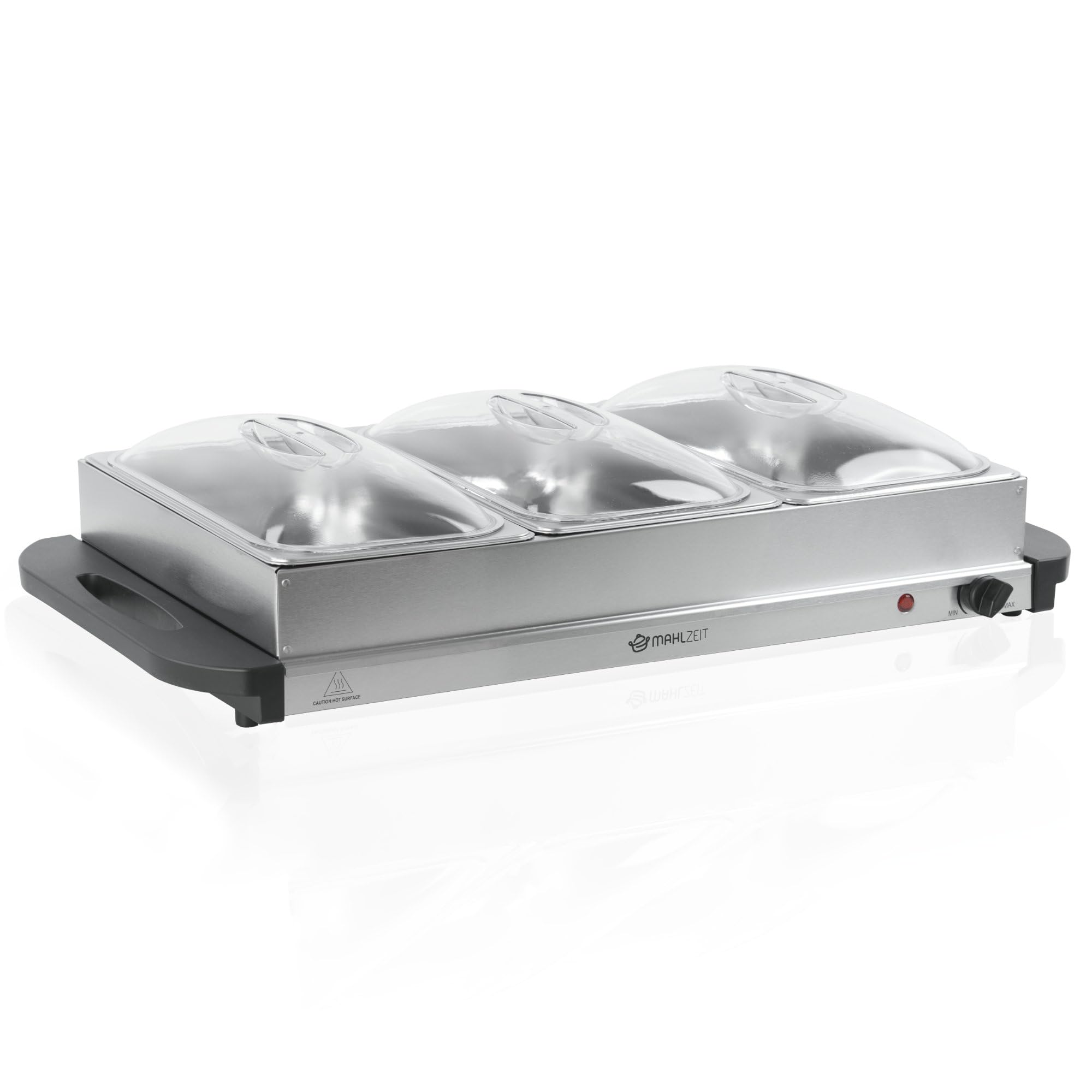 Mahlzeit Podgrzewacz bufetowy 2 w 1 | 300 W, 220-240 V | podgrzewacz do potraw ze stali nierdzewnej z 3 pojemnikami na żywność 2,5 l | elektryczny podgrzewacz do potraw Chafing Dish, płyta utrzymująca