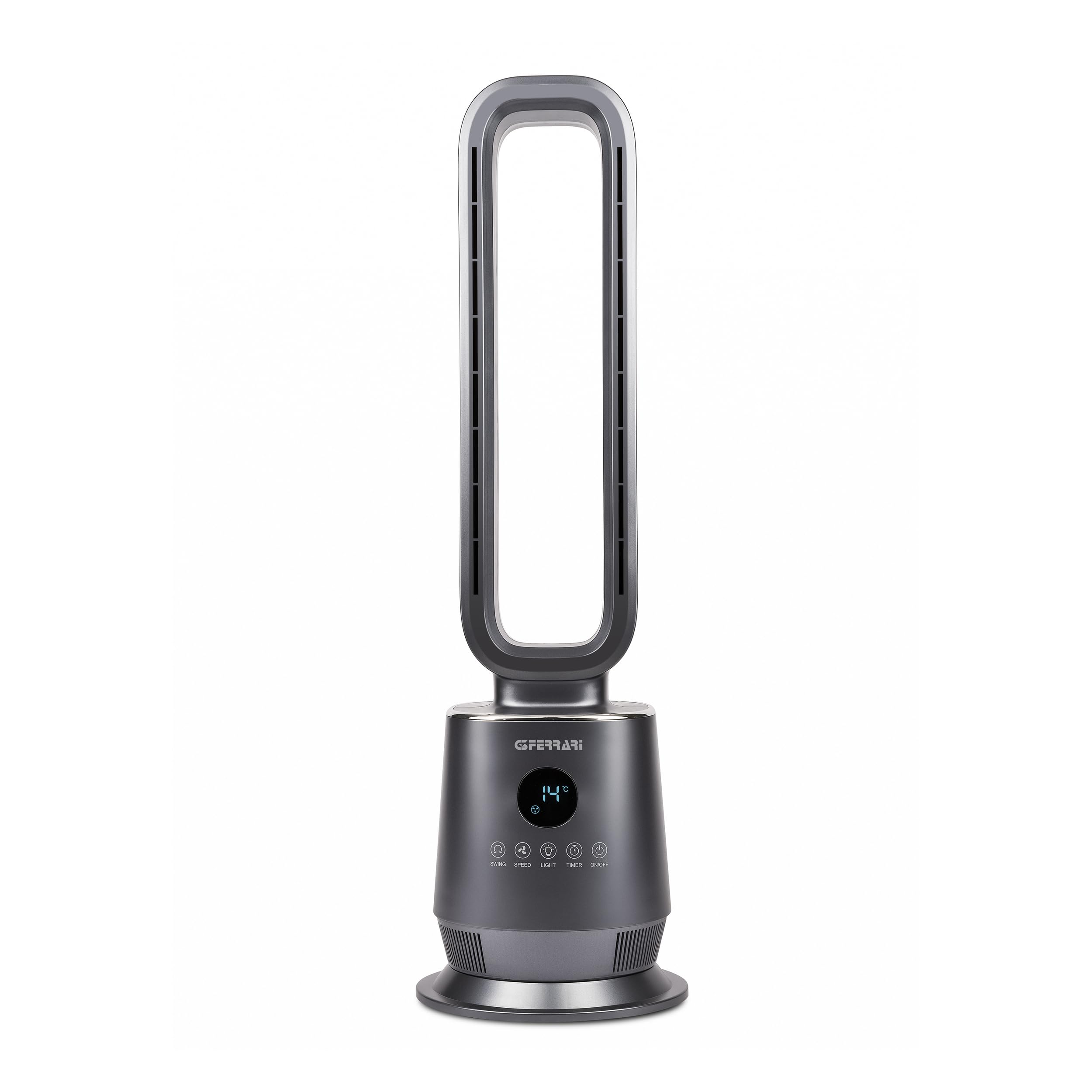 G3 Ferrari G50051 Wind Mastro Ventilator ohne Flügel, 50 W, 3 Geschwindigkeiten, automatische Drehung, Temperaturanzeige, Timer, Fernbedienung, Silent, grau