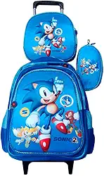 Kit Mochila do Sonic em 3D com Rodinhas Escolar Infantil + Lancheira Térmica + Estojo em Alto Relvo Escolar