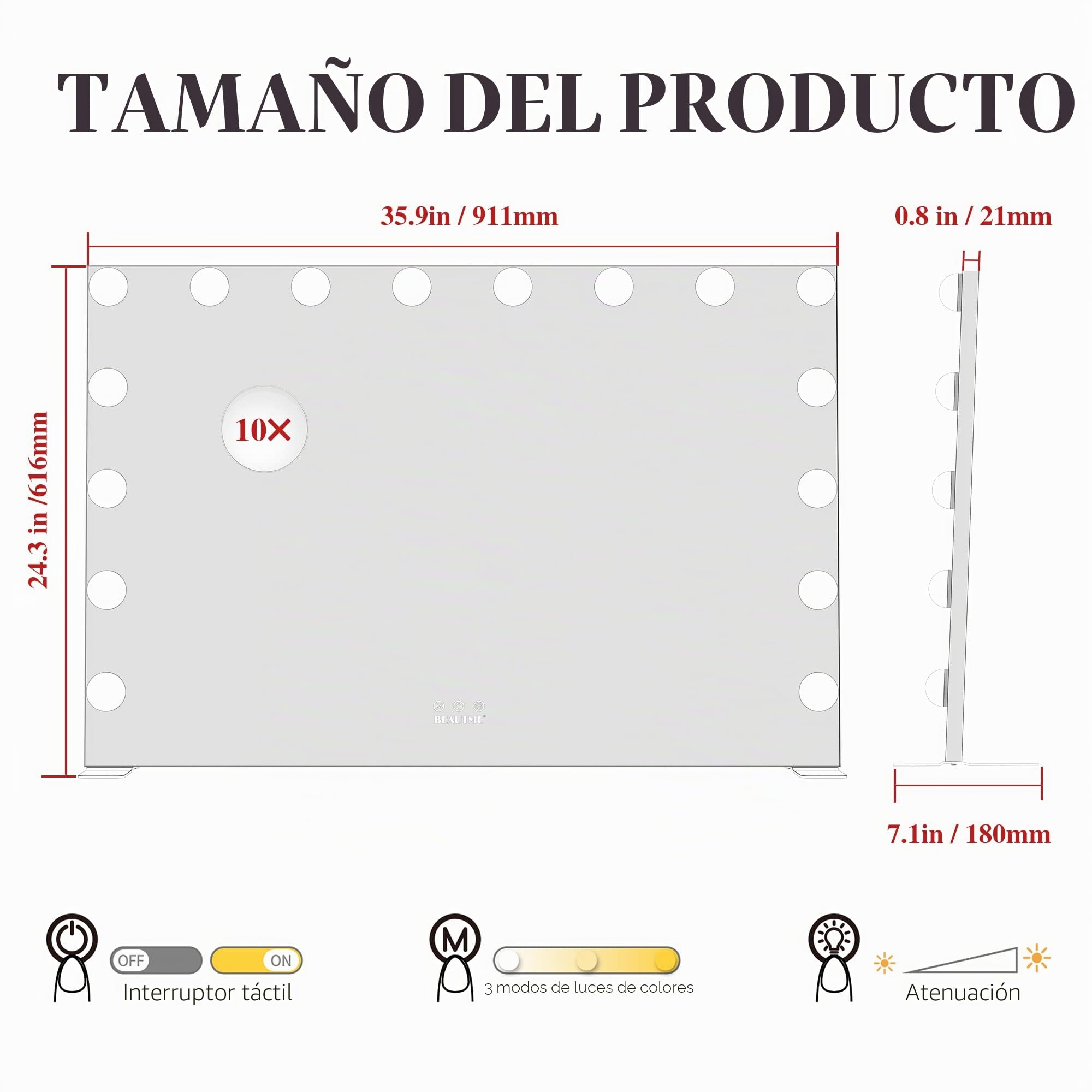 Espejo de tocador Grande con Luces, 91 x 61 cm, Espejo Iluminado Hollywood con Luce para Maquillaje, Luces Regulables con 3 ajustes de luz de Color, Plateado