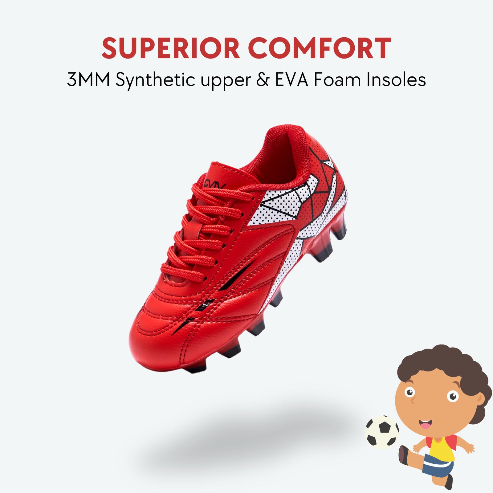 Soccer Cleats for Toddler and Little Kids, FG Lace Up Soccer Shoes, Firm Ground Outsoles for Artificial Turf, 3 Colors Red