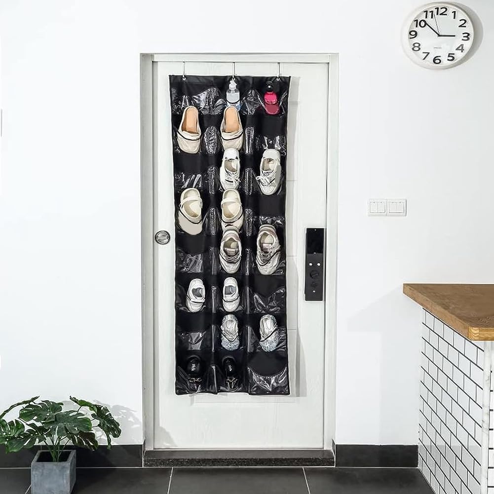 Paquete de 2 organizadores de zapatos sobre la puerta con 24 bolsillos de malla, tela no tejida negra, tamaño mediano, 164 x 69 cm, ideal para almacenamiento en armarios y entradas