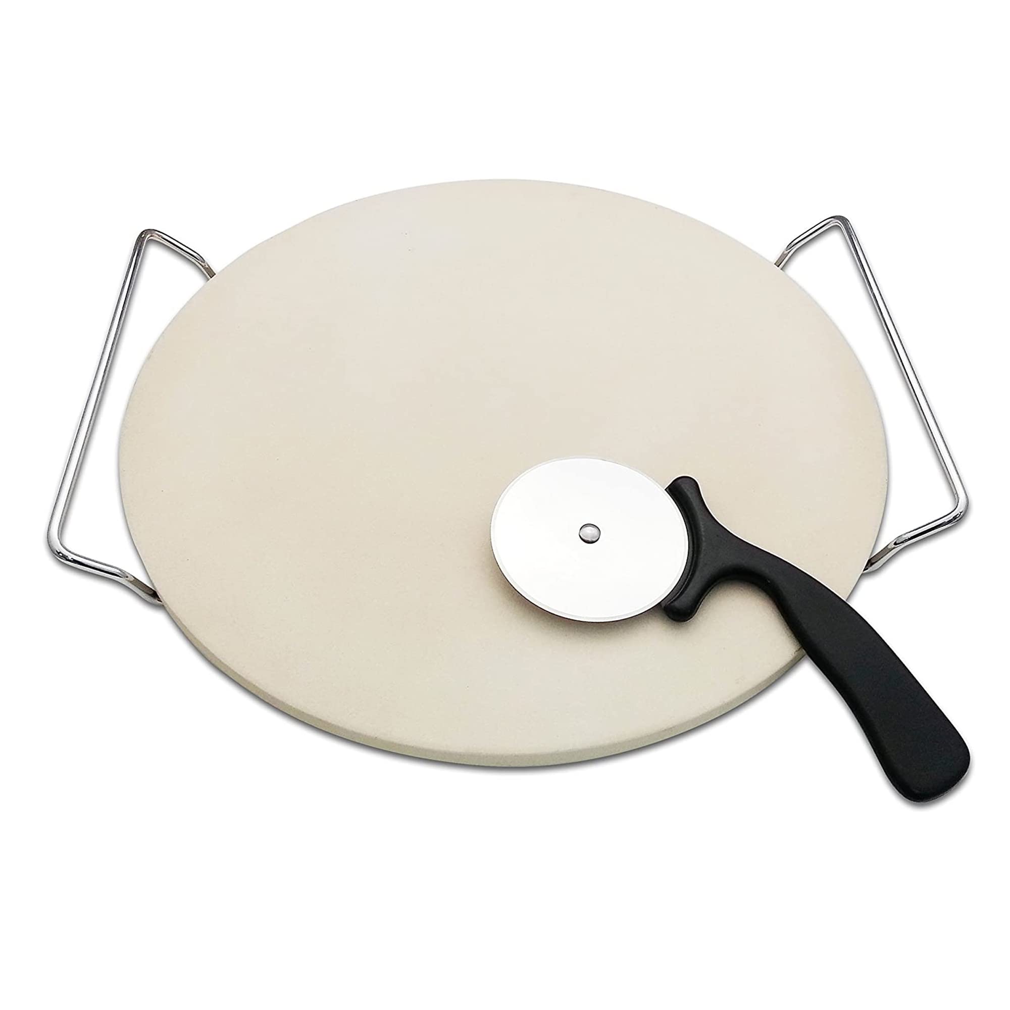 Sulfar Pizza Stone with Serving Rack and Deluxe Wheel Cutter, Baking Set for Oven and Indoor Use