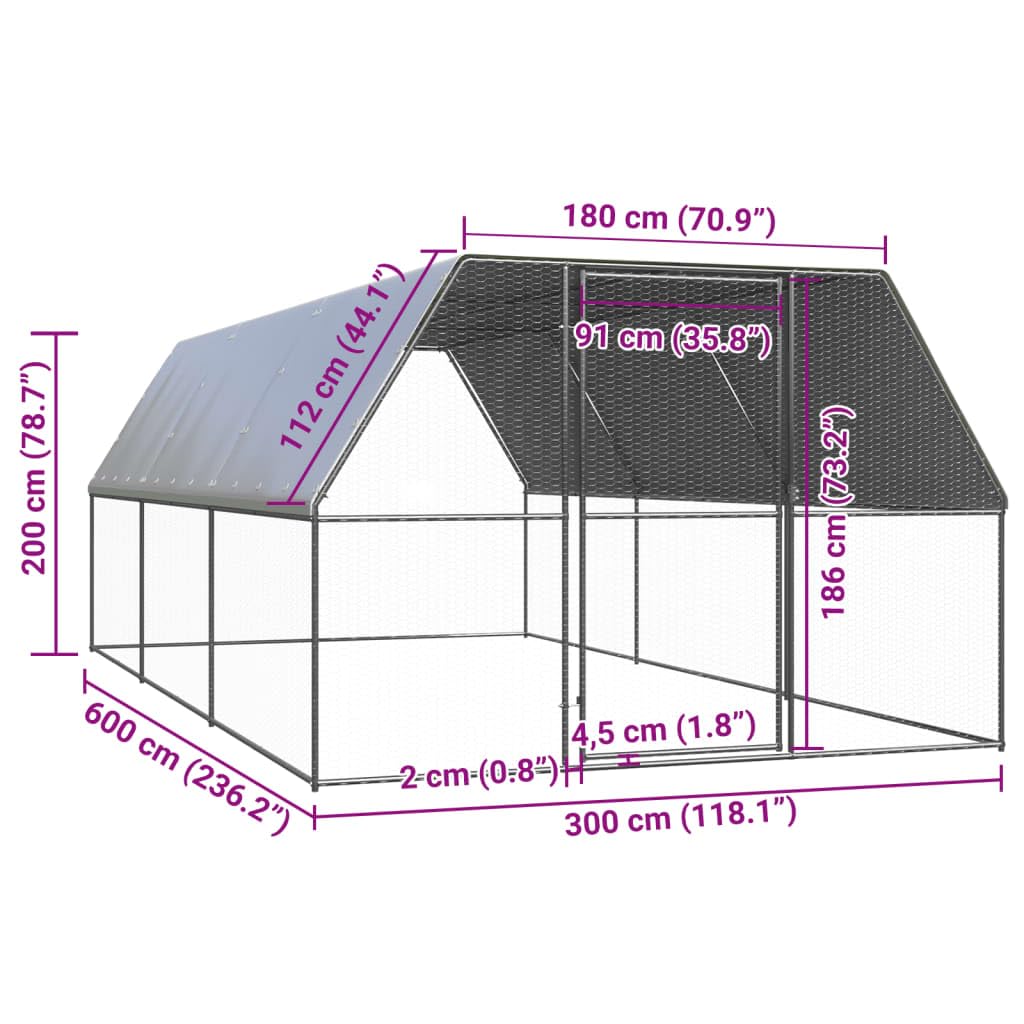 vidaXL Gabbia per Polli da Esterno 3x6x2 m in Acciaio Zincato