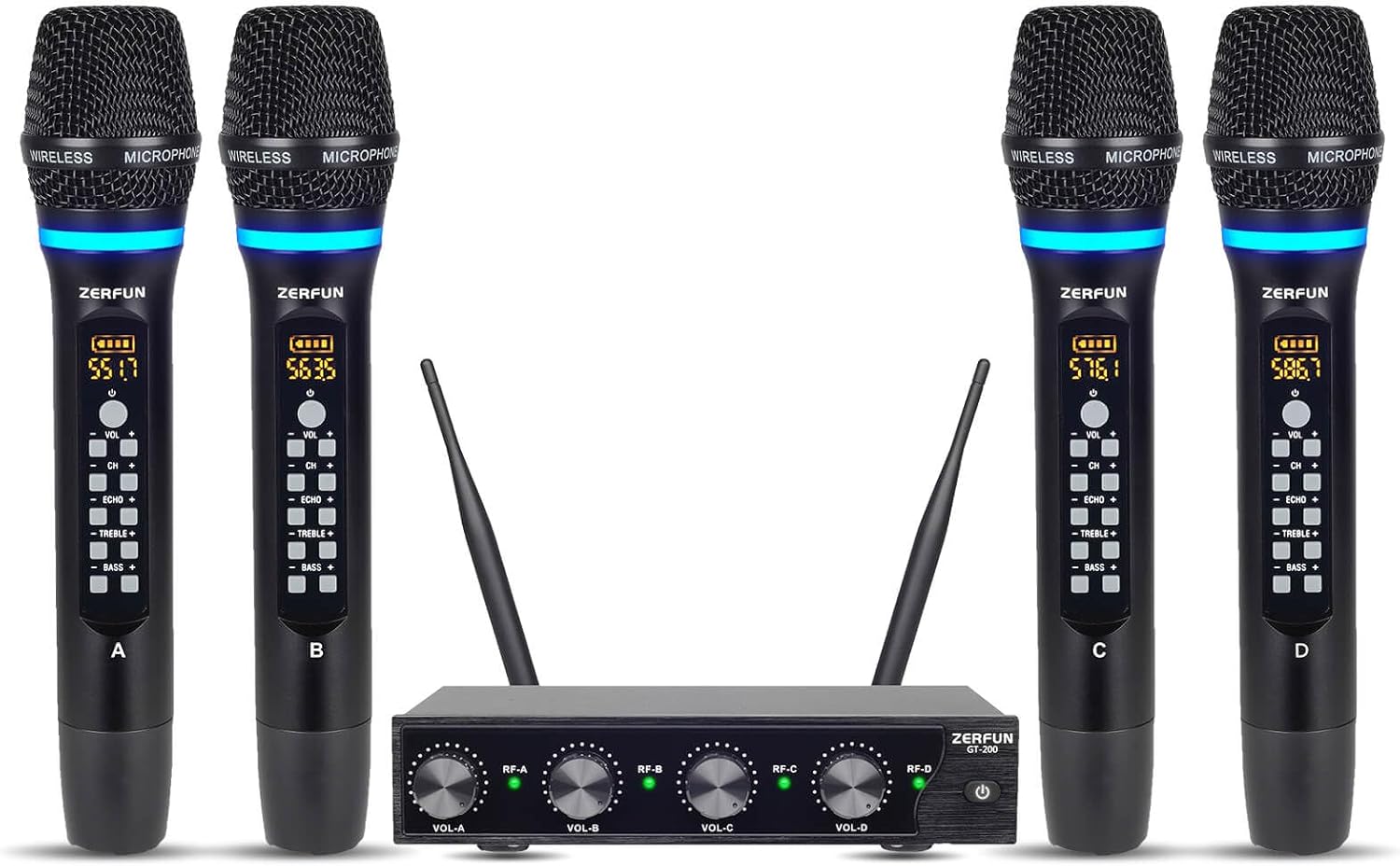 Rechargeable Wireless Microphone System 4 Channel Pro, UHF Metal Handheld Wireless Mics Cordless for Church Karaoke Singing with Echo Treble BASS VOL Channel Control(GT-200) - Image 9