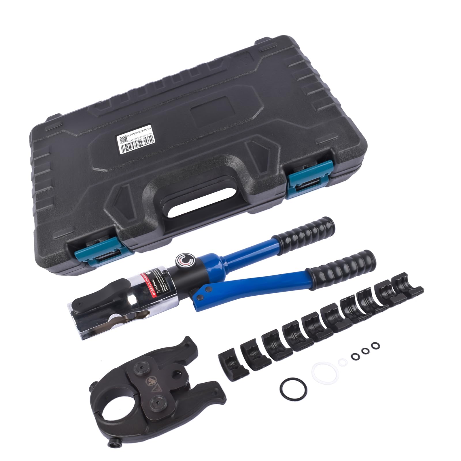 Profi Presszange V-Kontur (hydraulisch) 12-15-18-22-28 Set Presswerkzeug mit 360° drehbarem Kopf für Kupferrohr, Edelstahlrohr, Edelstahlrohr, Backeneinsätze V12, V15, V18, V22, V28, Blau