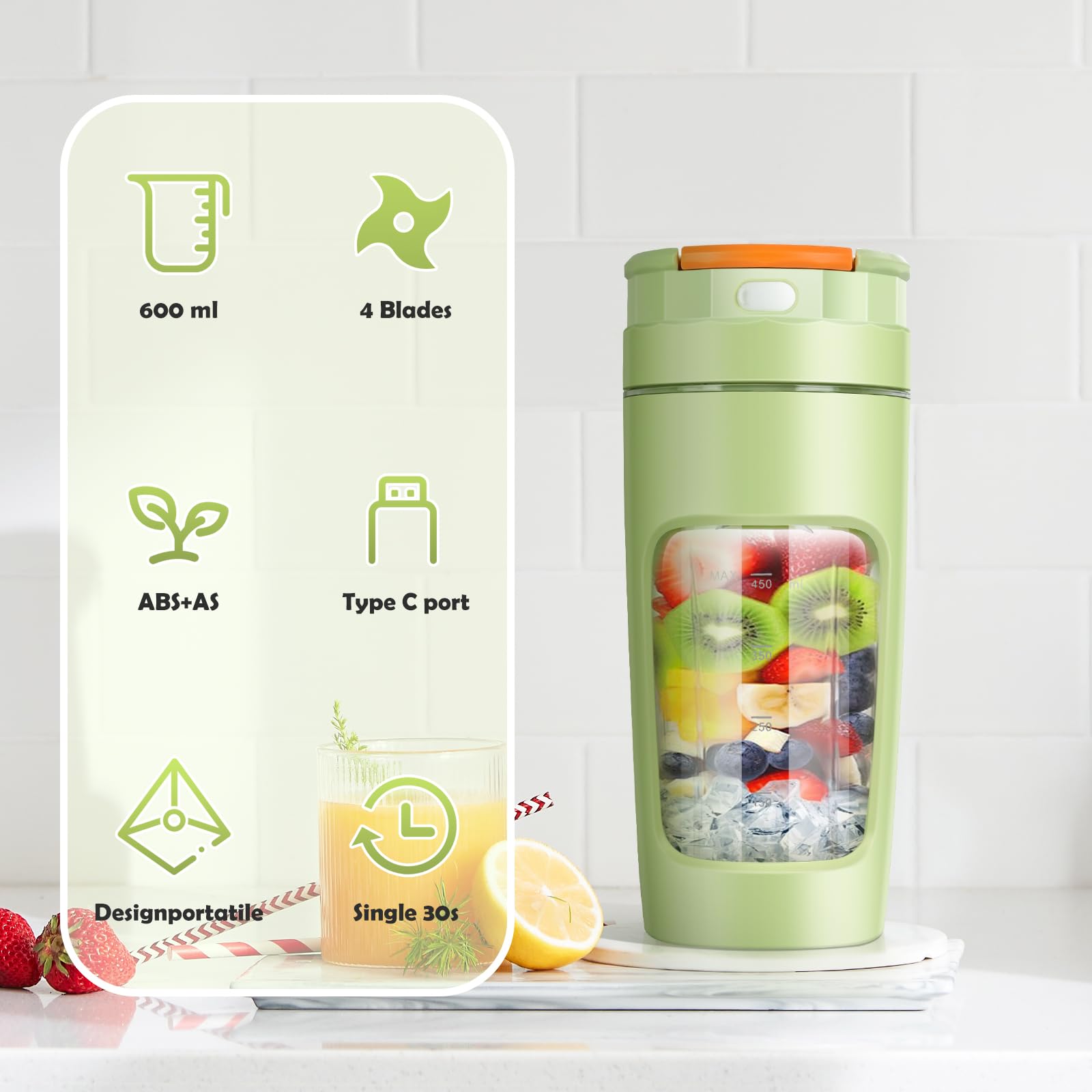 Lekki Przenośny Blender, ręczny mikser do owoców o pojemności 600 ml, mocny bezprzewodowy mini blender, z możliwością ładowania, smoothie, koktajle białkowe, kruszy lód i mrożone owoce (Zielony)