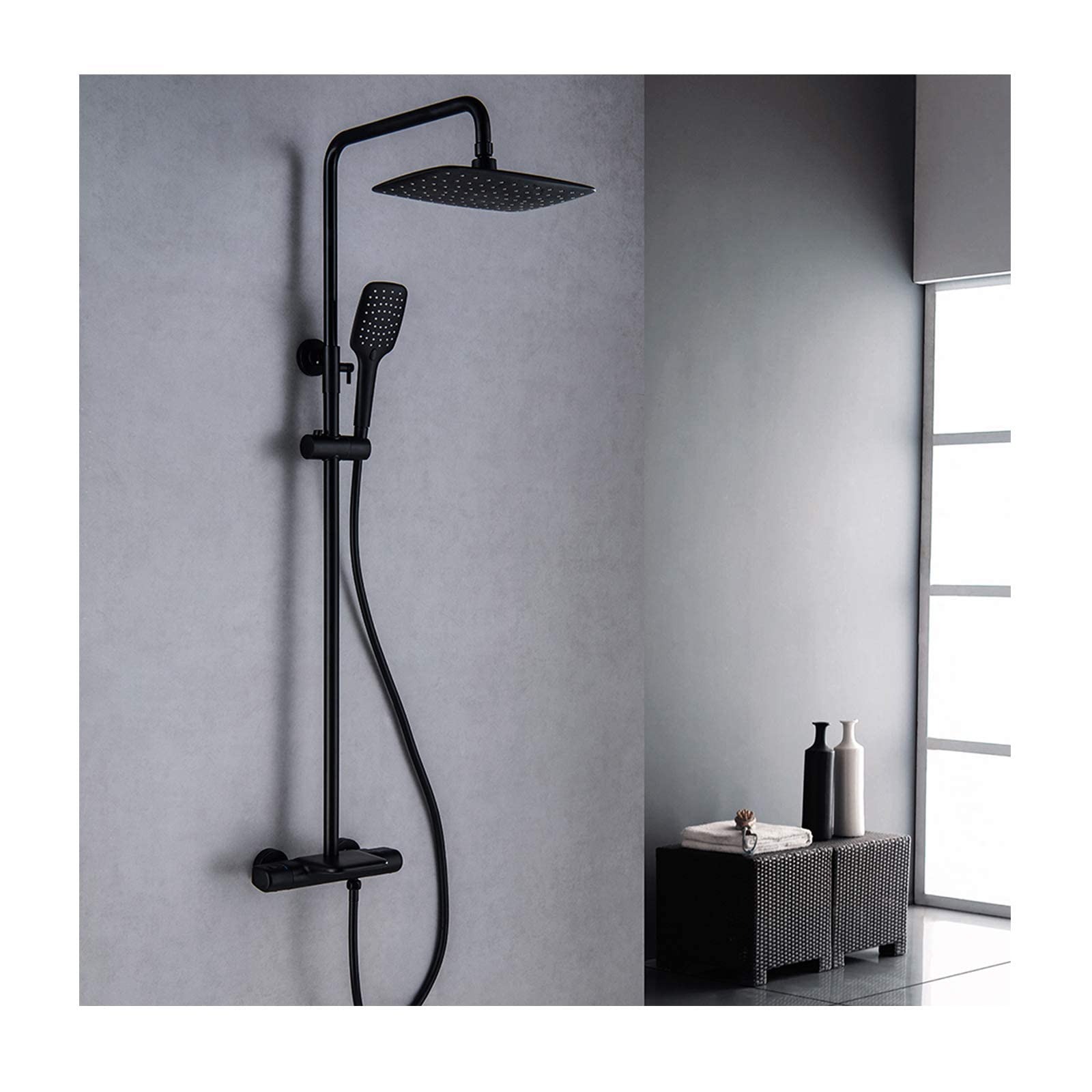 QUSYZD Thermostatic Shower Combo Set Wall Mounted Black Bathroom Shower Faucet Set with Rainfall Shower Head, Handheld Shower, Waterfall Bathtub Faucet,