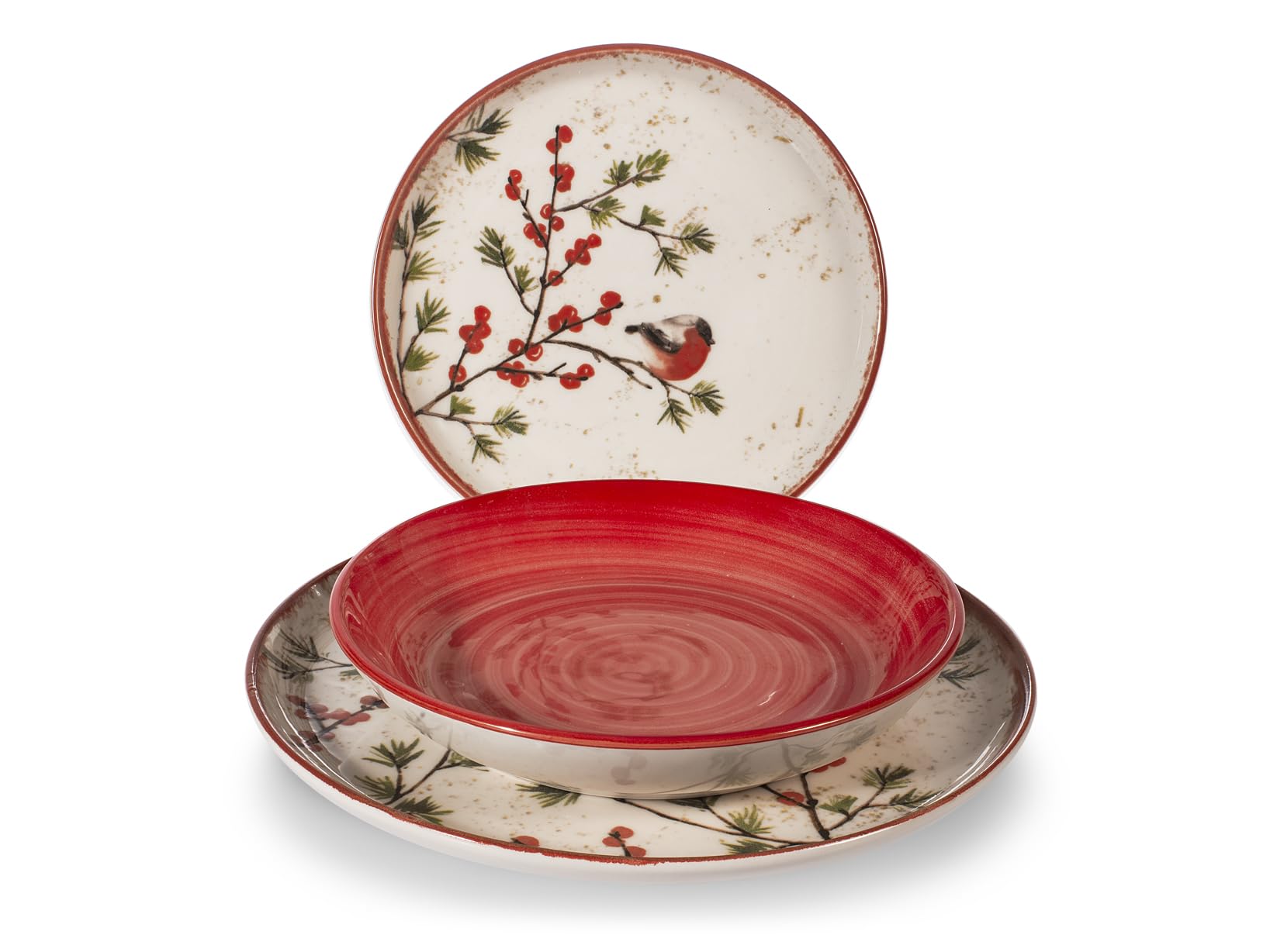 H&H Service de Table Noël 18 Pièces Red Delights en Grès – Assiettes Plates, Creuses et à Dessert, Compatible Lave-Vaisselle et Micro-ondes