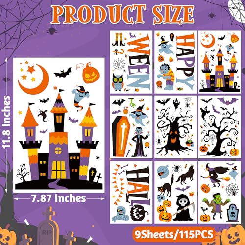 Image of 116PCS Halloween Window Clings, 9 Sheets Halloween Decorations, Cute Witch Tree Zombie Ghost Patterns PVC Window Stickers for Treat or Trick Party Favors Decal Supplies Decor Accessories