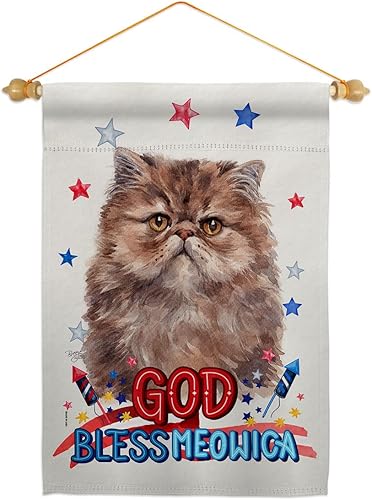 Breeze Decor Juego de bandera patriótica persa de pelo largo para jardín, pasador de madera, gato, gatito, maullido de pata mimada, mascota,