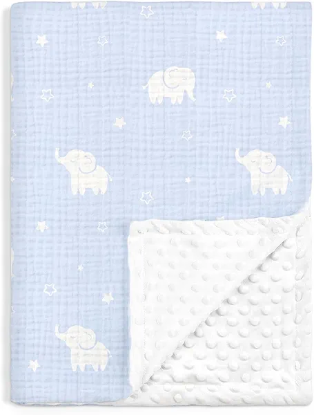 Elephant Baby Blankets for Boys Girls, Soft Nursery Minky Blankets with Muslin and Dotted Fleece Back 30x40 inches, Receiving Bed Quilt for Newborn, Infants, Toddlers
