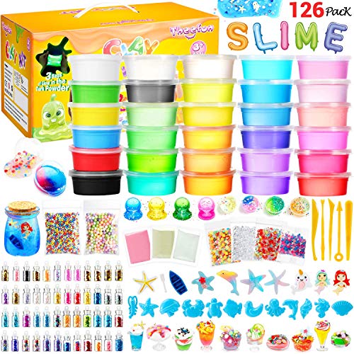 Slime Kit for Girls: Glow in The Dark DIY Slime Making Kits with 126Pcs Slime Supplies Included 24 Pack Crystal Slime 6 Clay 48 Glitter Powder - Great Gifts Toys for Kids Age 3+ Years Old