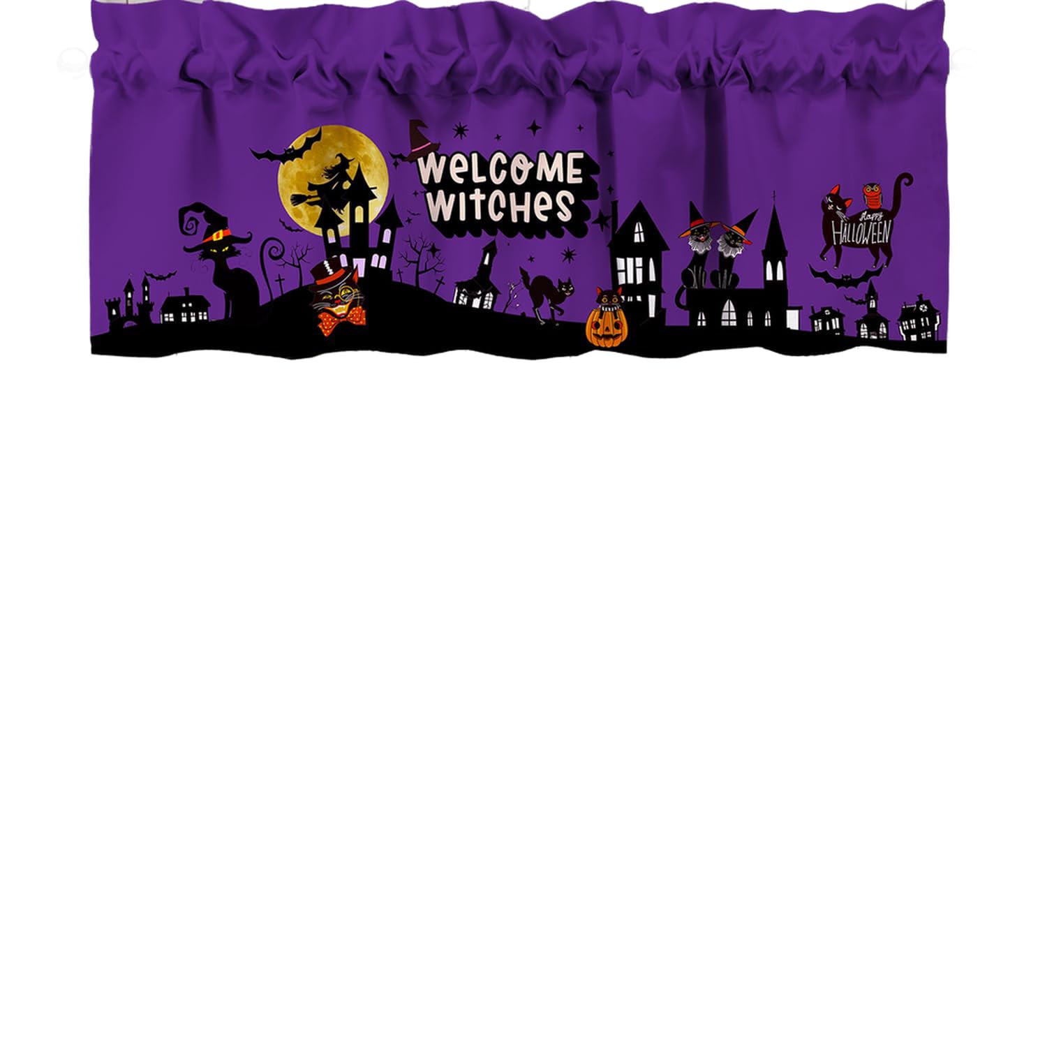 CANVASBEEHalloween Valances Purple Windows Curtain Pumpkin Witch Cat Rod Pocket 52"x18" Kitchen Valances for Cafe Living Room Bath Room 1 Piece