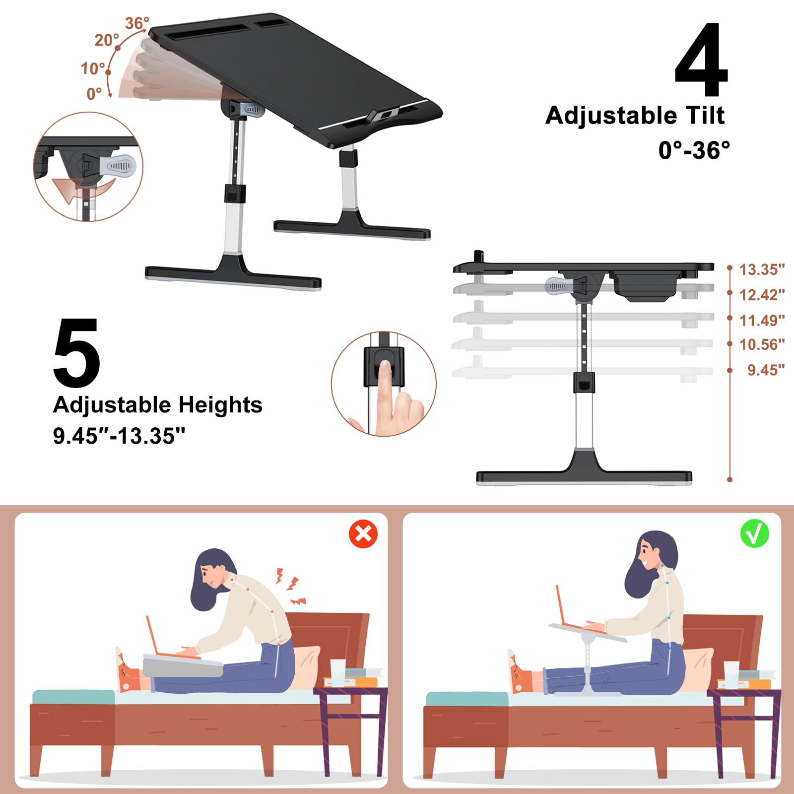 Potuopy - Mesa de Cama para Laptop, Escritorio de Piel con ángulo de Altura Ajustable, Soporte Plegable Extragrande para Laptop con Tablero de Madera ecológica para Trabajar, Leer, Comer en la Cama