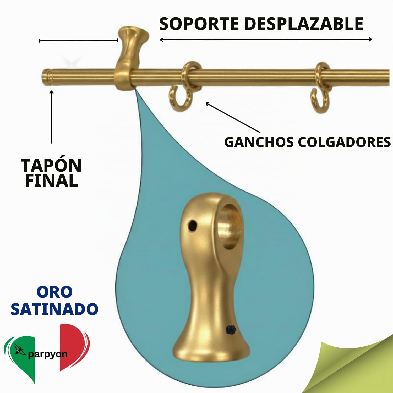parpyon Soporte para utensilios de cocina con ganchos, barra para utensilios de cocina de aluminio para utensilios de cocina con tapa y cucharón (dorado satinado, 40 cm)