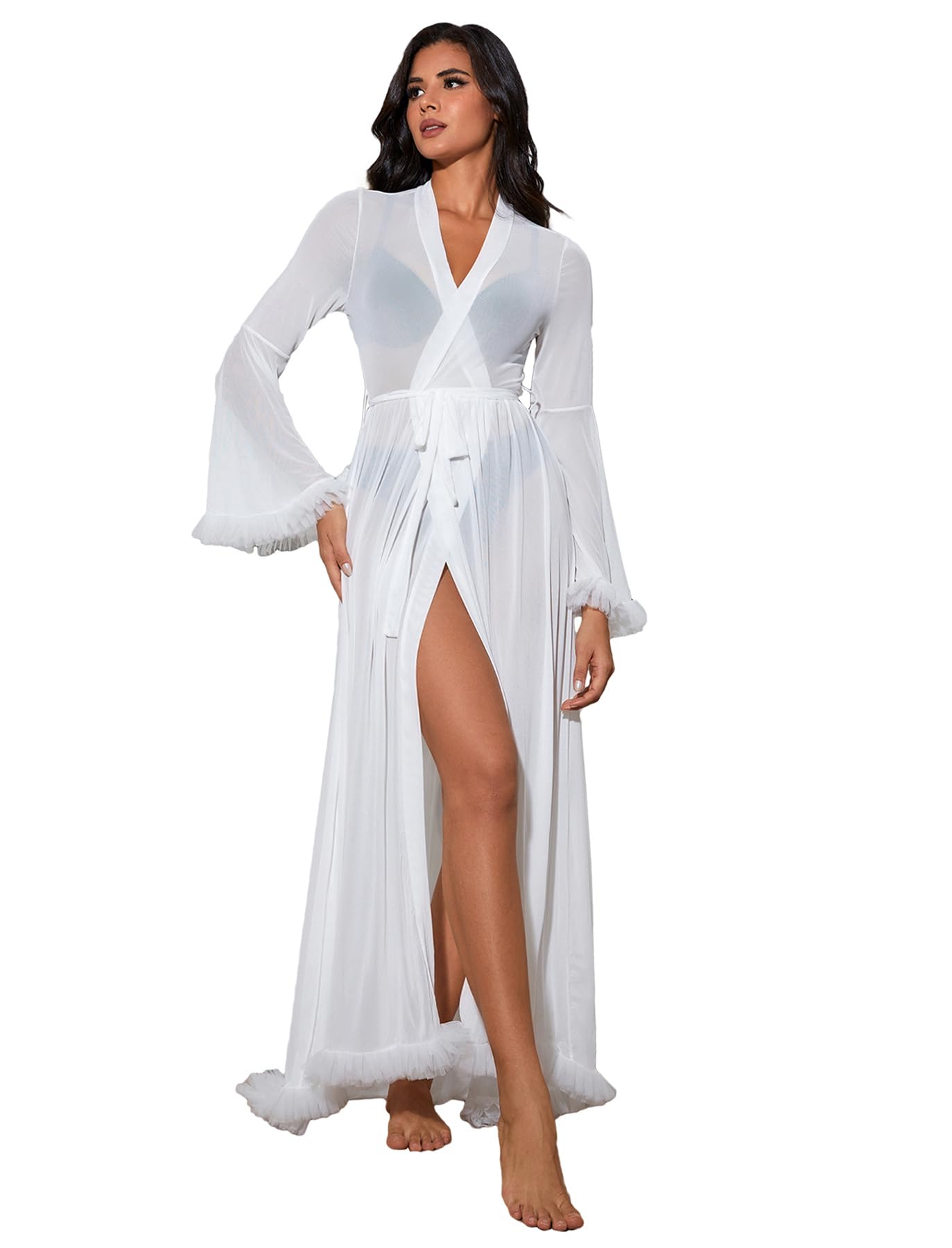 OYOANGLE Women's Ruffle Trim Long Sleeve Belted Sheer Mesh Wedding Bride Robe Nightgown: Medium White