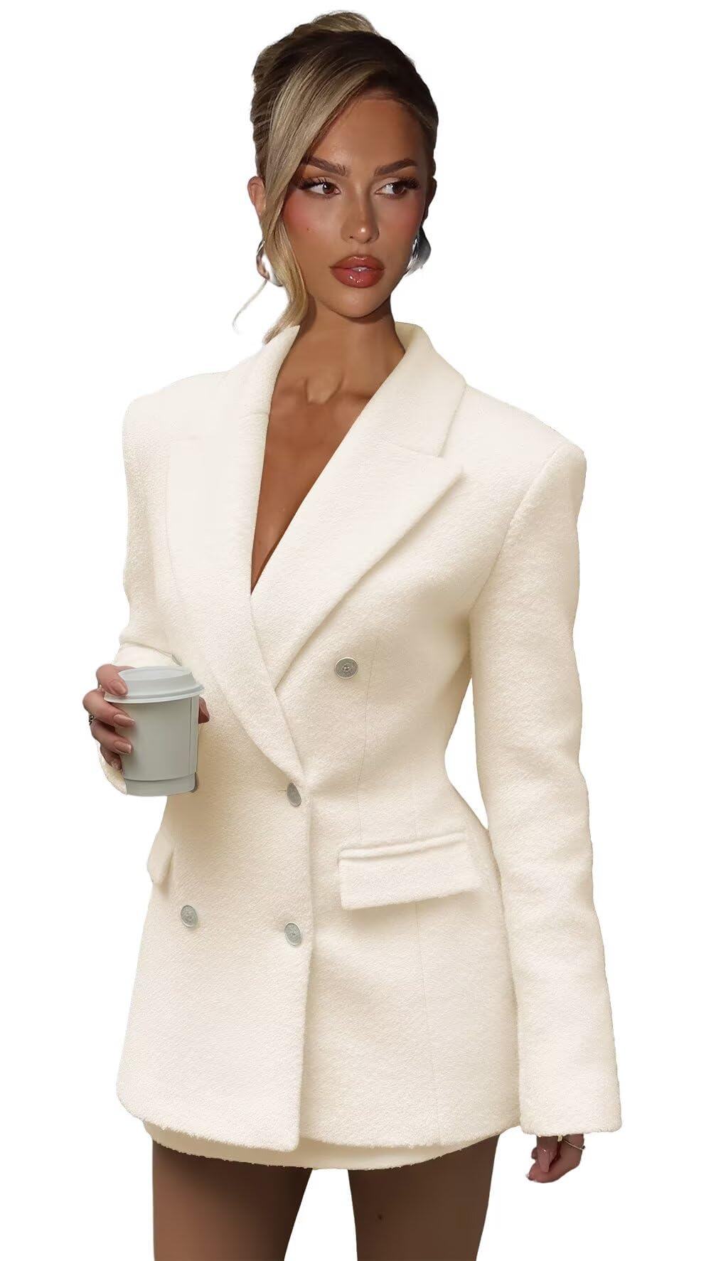 Blazer Dress for Women Sexy Elegant Peak Lapel Suit Dress Double Breasted Wool Pea Coat Jacket Dresses