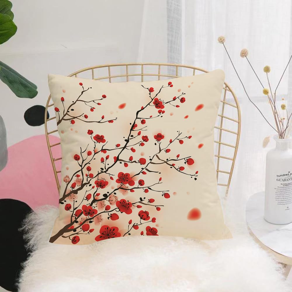 HYOSXW Cushion Cover,Throw Pillow Case Home Decorative for Living Room Bedroom Sofa Chair 16X16 Inch,Red Flower Oriental Style Painting Plum Blossom in Spring Tree Beauty Nature,Pillowcase 40X40cm