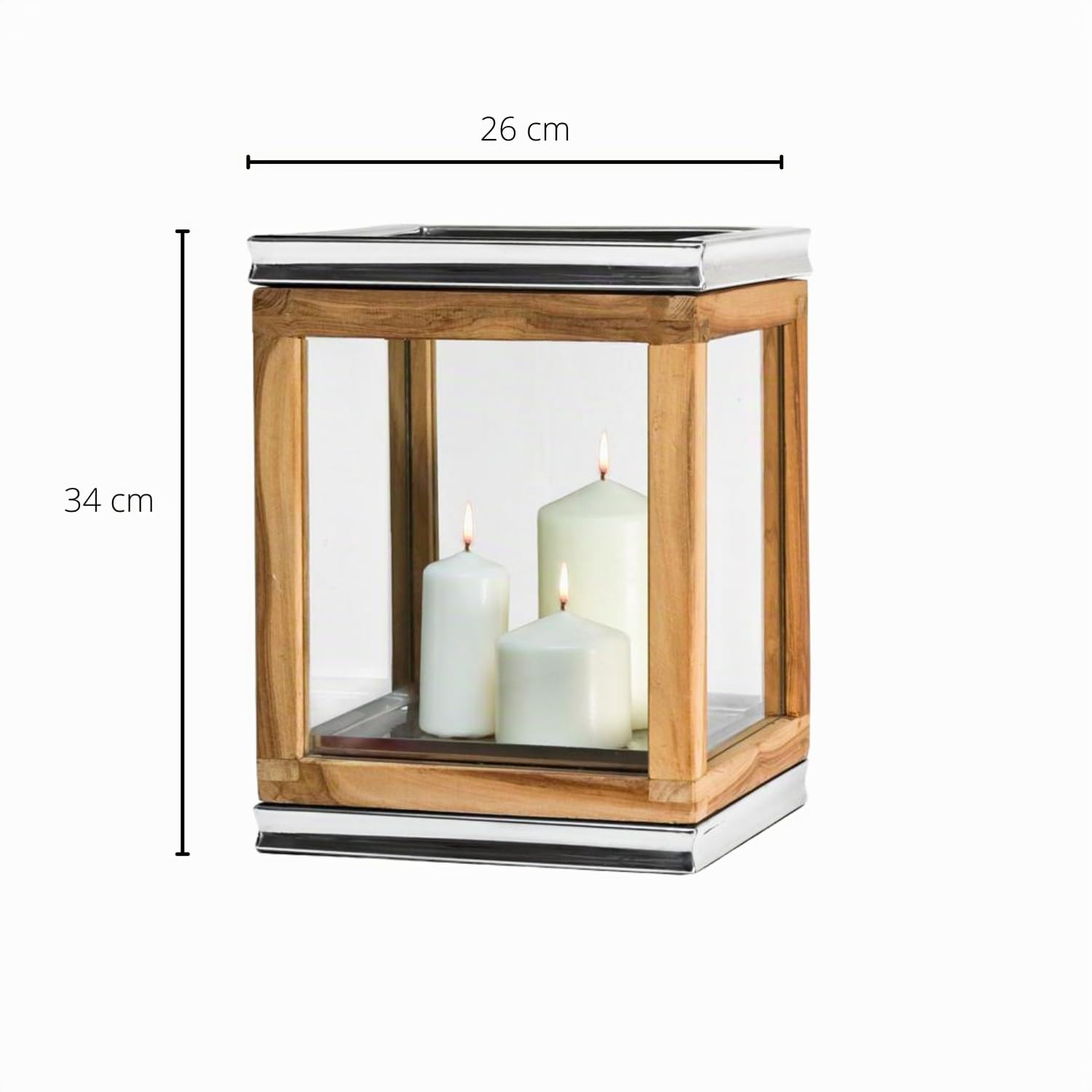 EDZARD Lanterne Dubai, Teck, Acier Inoxydable nickelé, Hauteur 34 cm, Base 26 x 26 cm, Poids 4,4 kg - Lanterne de Jardin Haut de Gamme en Bois, photophore, décoration de Jardin