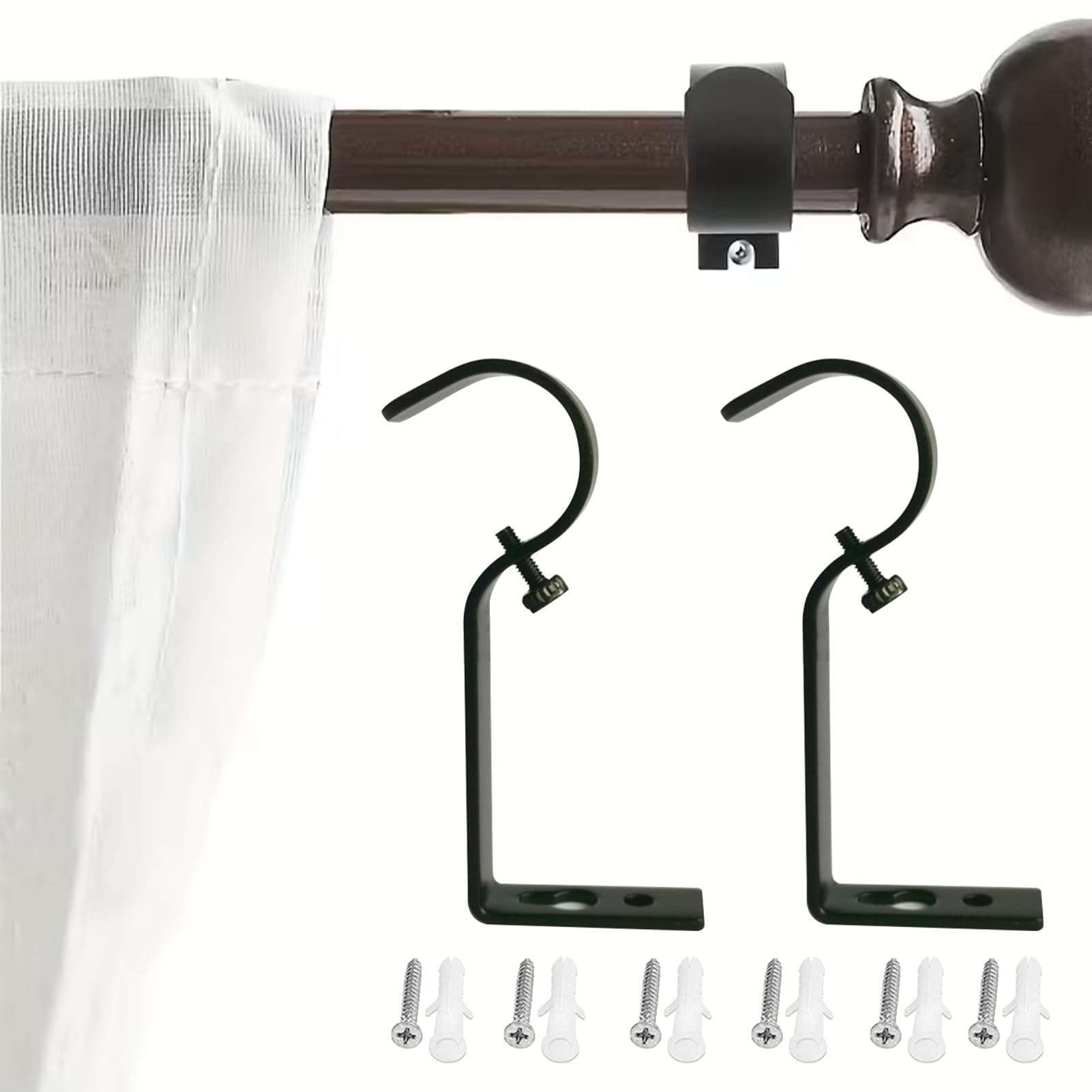 2PCS Heavy Duty Iron Curtain Pole Brackets, Wall Mount for Poles up to 30mm Diameter, Black Rust & Scratch Resistant Curtain Rod Holders with Screws Kit