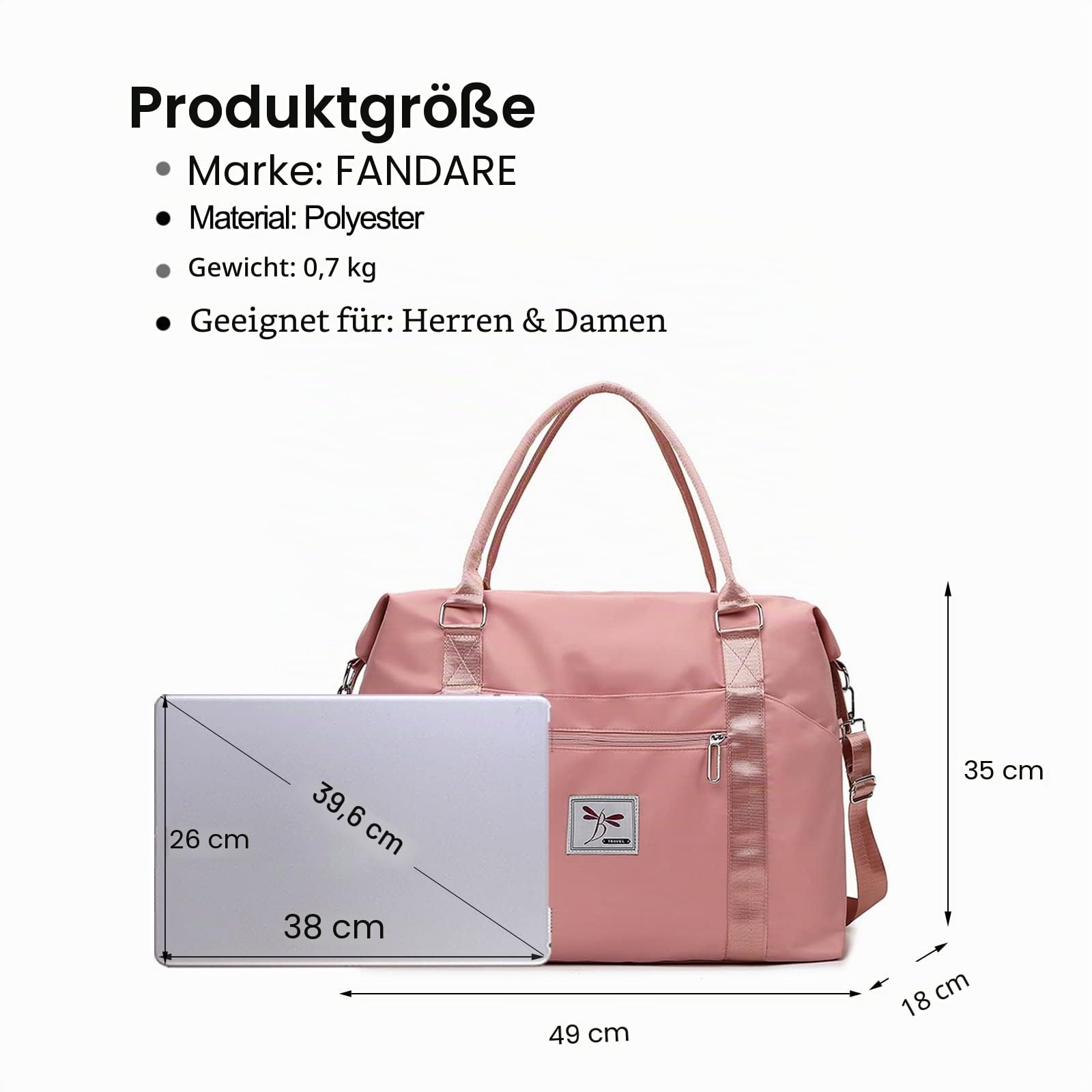 FANDARE Damen Reisetaschen Klassische Sporttaschen Herren Handgepäck Weekender Umhängetasche Übernachtung Kliniktasche Schwimmtasche Trainingstasche Handtasche für Reise Gym Flugzeug Rosa