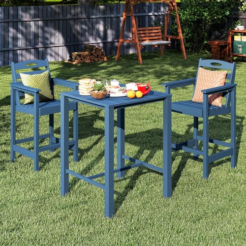 Image of Domi HDPE Adirondack Patio Table and Chairs Set of 3, Adirondack bar Height Outdoor Table and Chairs, All-Weather HDPE Outdoor Bar Set for Poolside, Patio, Backyard, Navy Blue