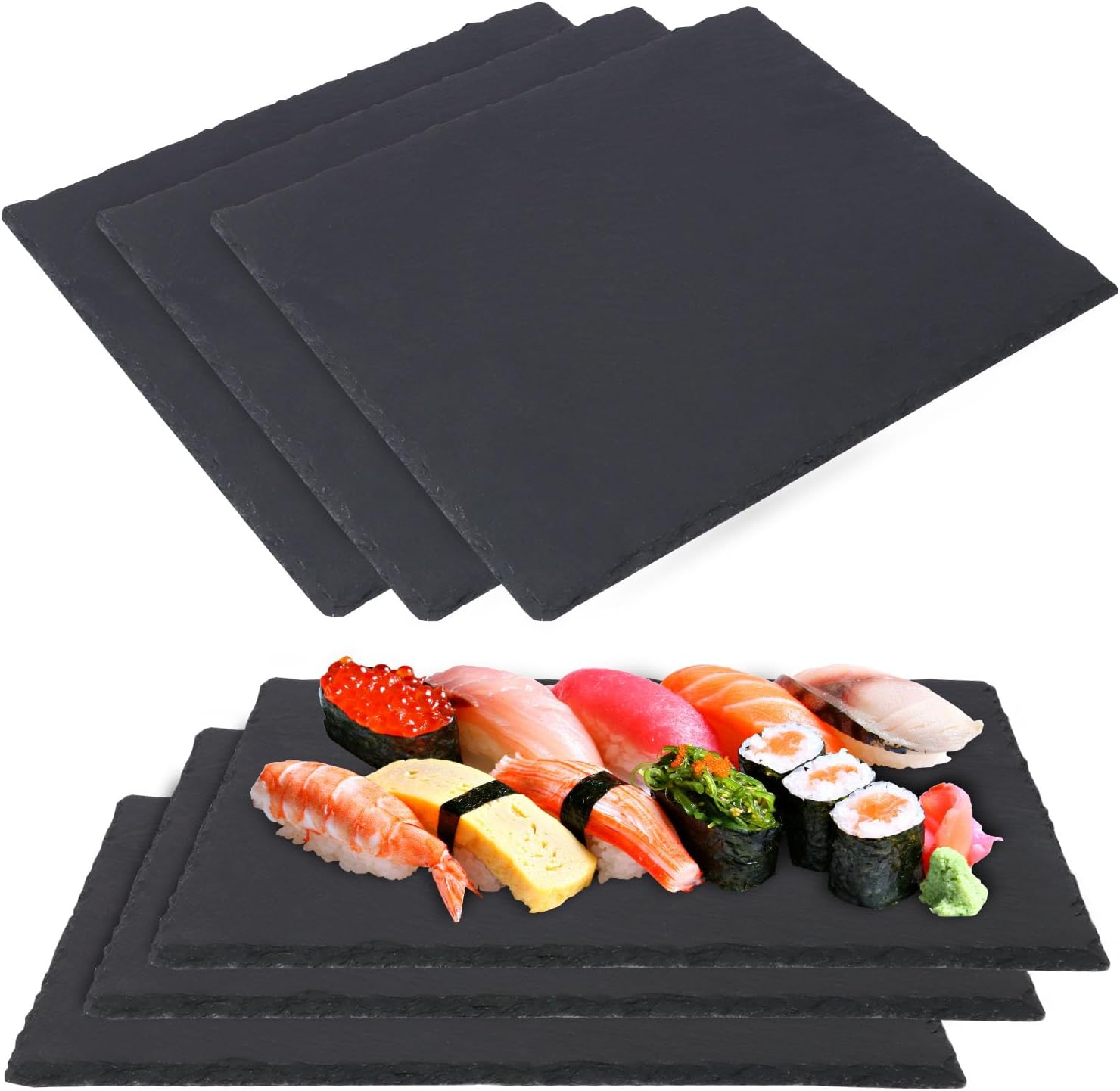 6 Pack 12 x 10 Inch Slate Cheese Boards, Black Rectangle Slate Charcuterie Boards, Natural Charcuterie Stone Plates for Parties, Gifts, and Special Events, Cheese, Sushi, Food.
