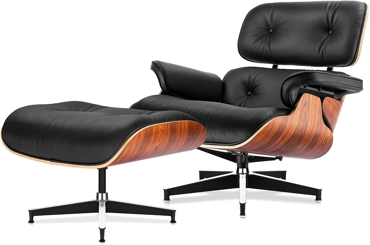 Top Black Grain Leather, Mid Century Chaise Lounge Chair and Ottoman, Modern Chair Classic Design, Heavy Duty Base Support for Living Room Study Lounge Office (Palisander-Black)