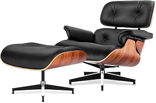 Top Black Grain Leather,Mid Century Chaise Lounge Chair and Ottoman, Reading Chair, Leather Accent Chair, Modern Chair, Classic Design, Heavy Duty Base Support for Living Room Lounge Office