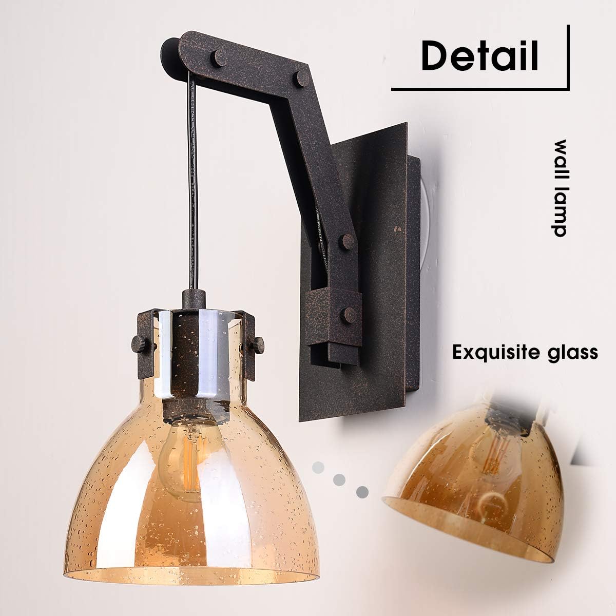 Black Friday - 70% OFF Retro Loft Glass Sconce Wall Lamp Arm Wall Light Fixture Rust Wall Lights for Living Room/Bedroom