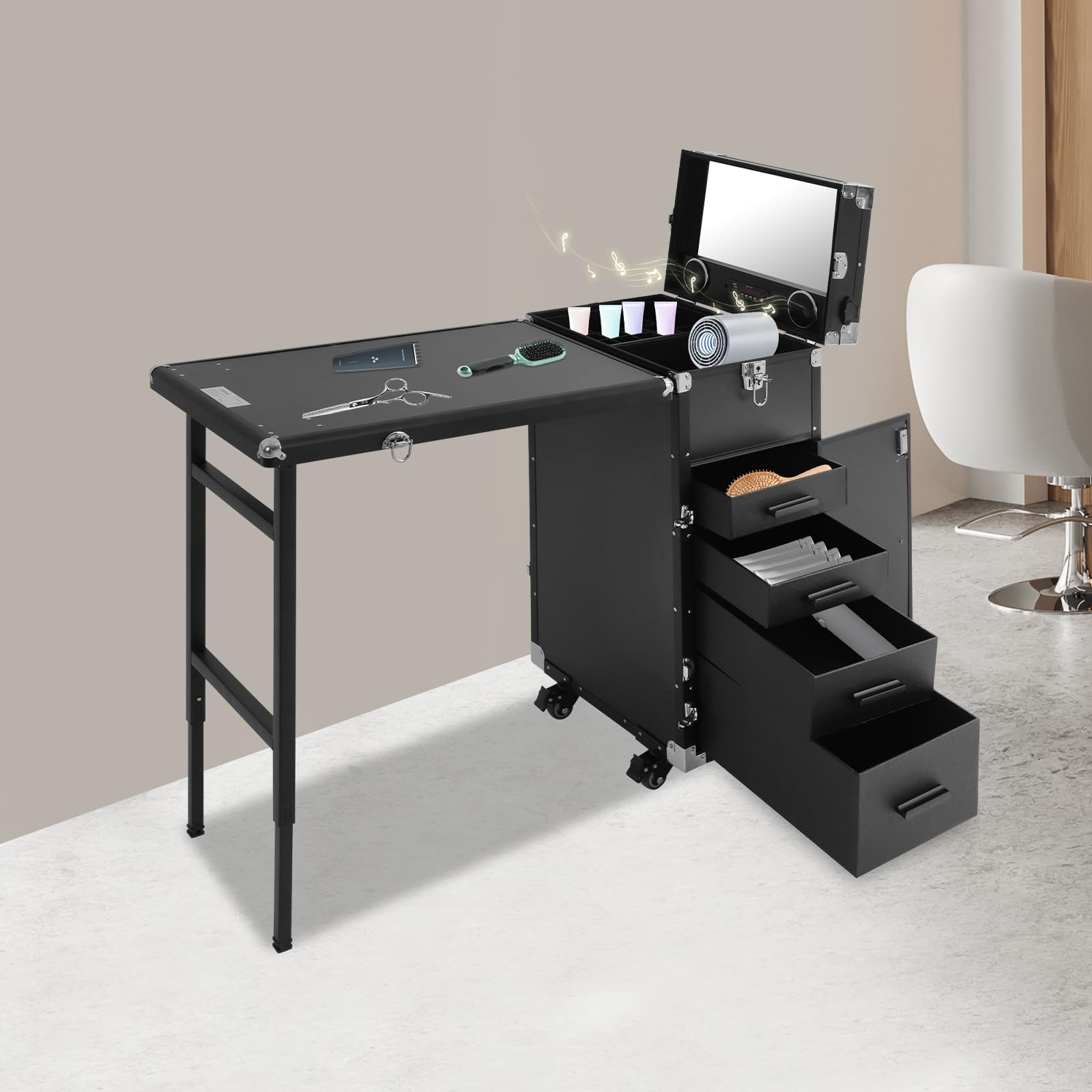 Rolling Manicura Mesa Maquillaje Maleta de Belleza Maletín de Cosméticos Maletín de Peluquería con 4 cajones y 4 Ruedas para Peluquería Lugar de Trabajo Plegable Capacidad de Carga de 50 kg con