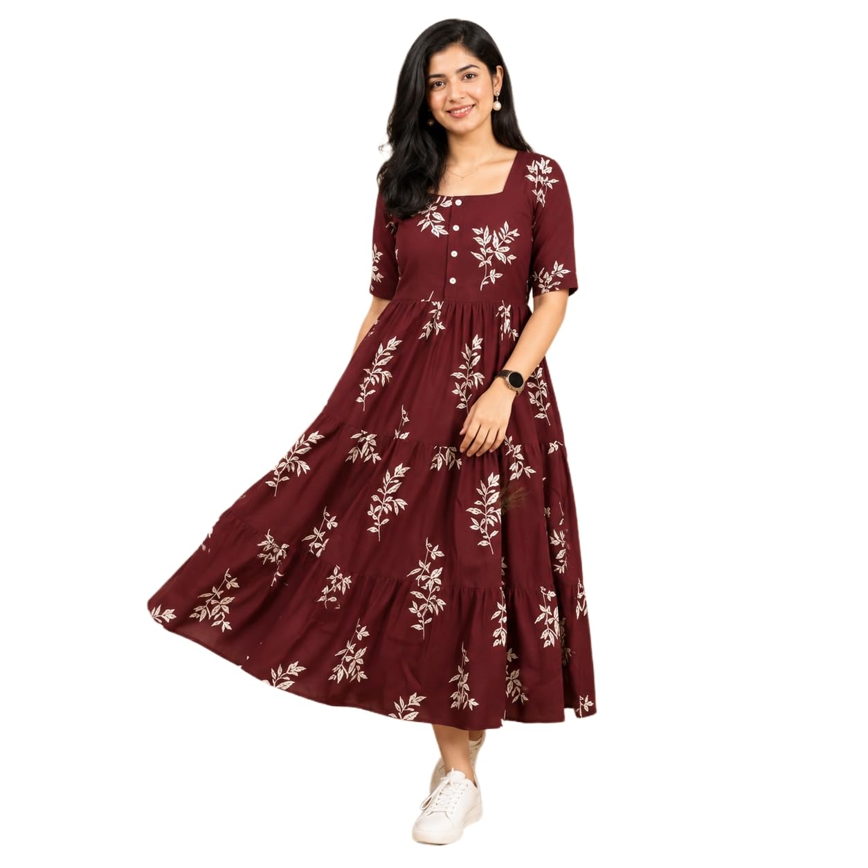 Women's Leaf Printed Rayon Tiered Midi Dress | Summer Comfortable Summer Outfit for Girls & Women One Piece Dress with Square Neck – Lightweight Summer-picture-39