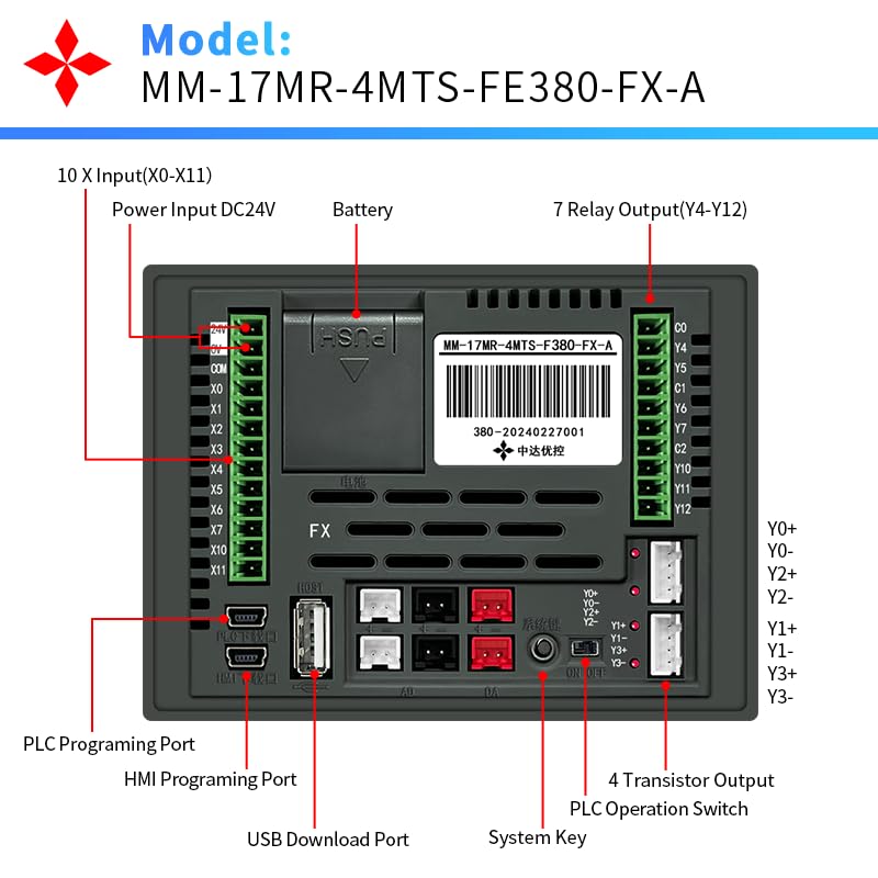 Image of 3.8 Inch PLC HMI All in One Integrated Programmable Logic Controller, 10 Input 7 Relay Output, 2 High-Speed Pulse 100KHz for Sevor or Stepper, 2 100Khz Input for Encoder (17MR-FE380-FX-A)