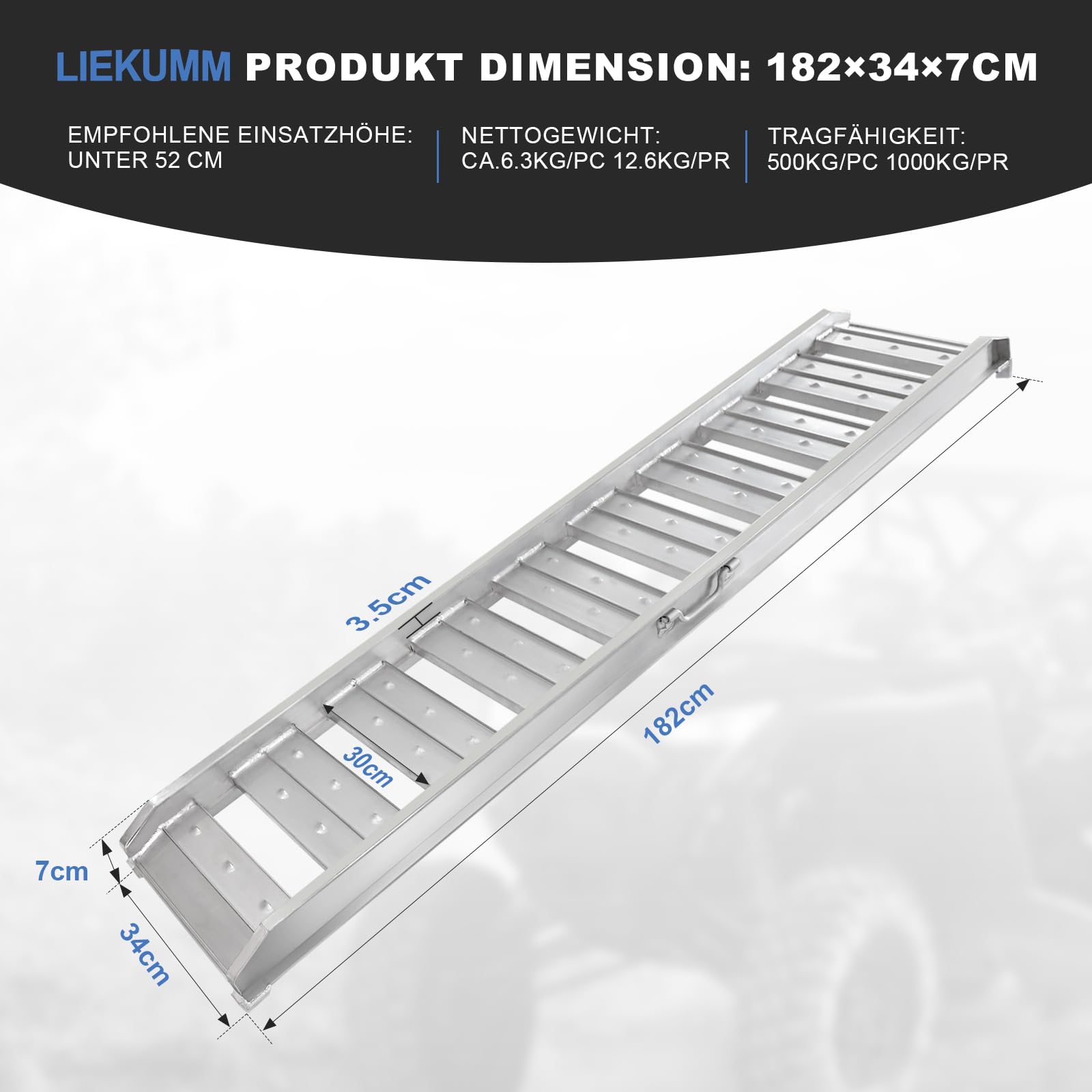 LIEKUMM 2X Auffahrrampe 182 x 34 cm, 1000kg Tragkraft Verladerampe | Auffahrrampe für Anhänger, Laderampe für Auto, Garage, Elektromotorrad, ATV, Quad, PKW, Werkstatt, Lager
