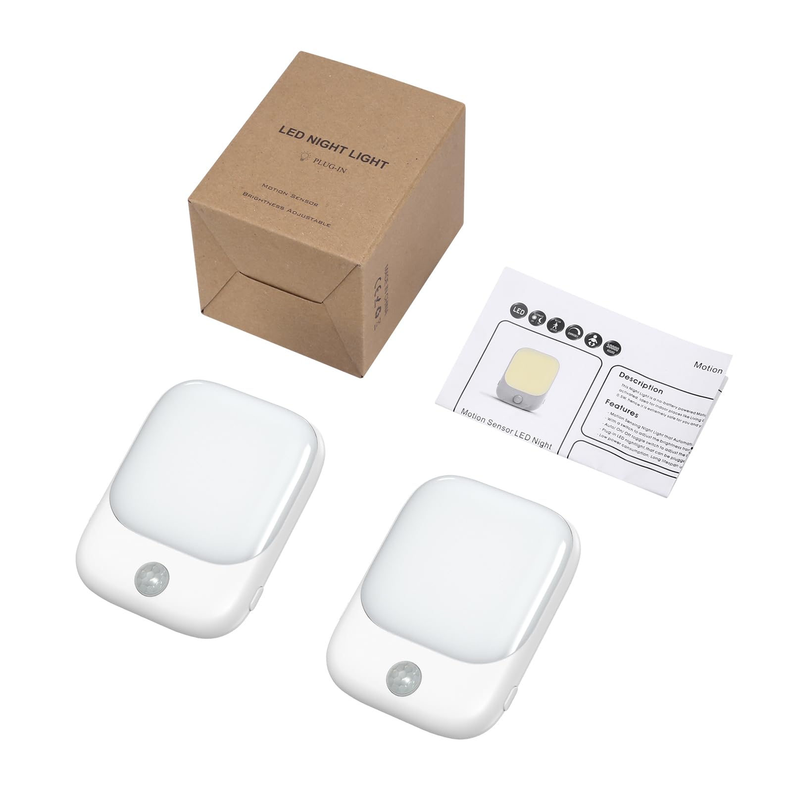 Podłączana lampka nocna, 2 PCS Lampki nocne podłączane do ścian z regulacją jasności, 3 tryby oświetlenia, ciepłe białe światło nocne z czujnikiem ruchu, do sypialni, przedpokoju, schodów