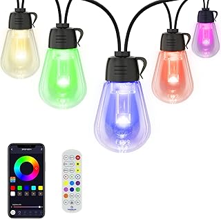 Voneta Outdoor String Lights, 49ft 15+5 Bulbs RGB Patio Lights with Remote & APP, S14 Dimmable LED Hanging Lights, Color Changing IP65 Waterproof Outdoor Lights for Garden Yard Porch Party Decor