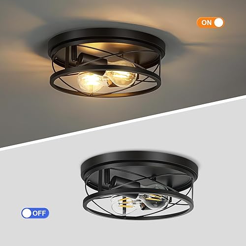 Miniatura 7 de Luces industriales negras, paquete de 2 lámparas redondas de metal empotradas para pasillo y dormitorio, luces redondas de cocina (bombillas no