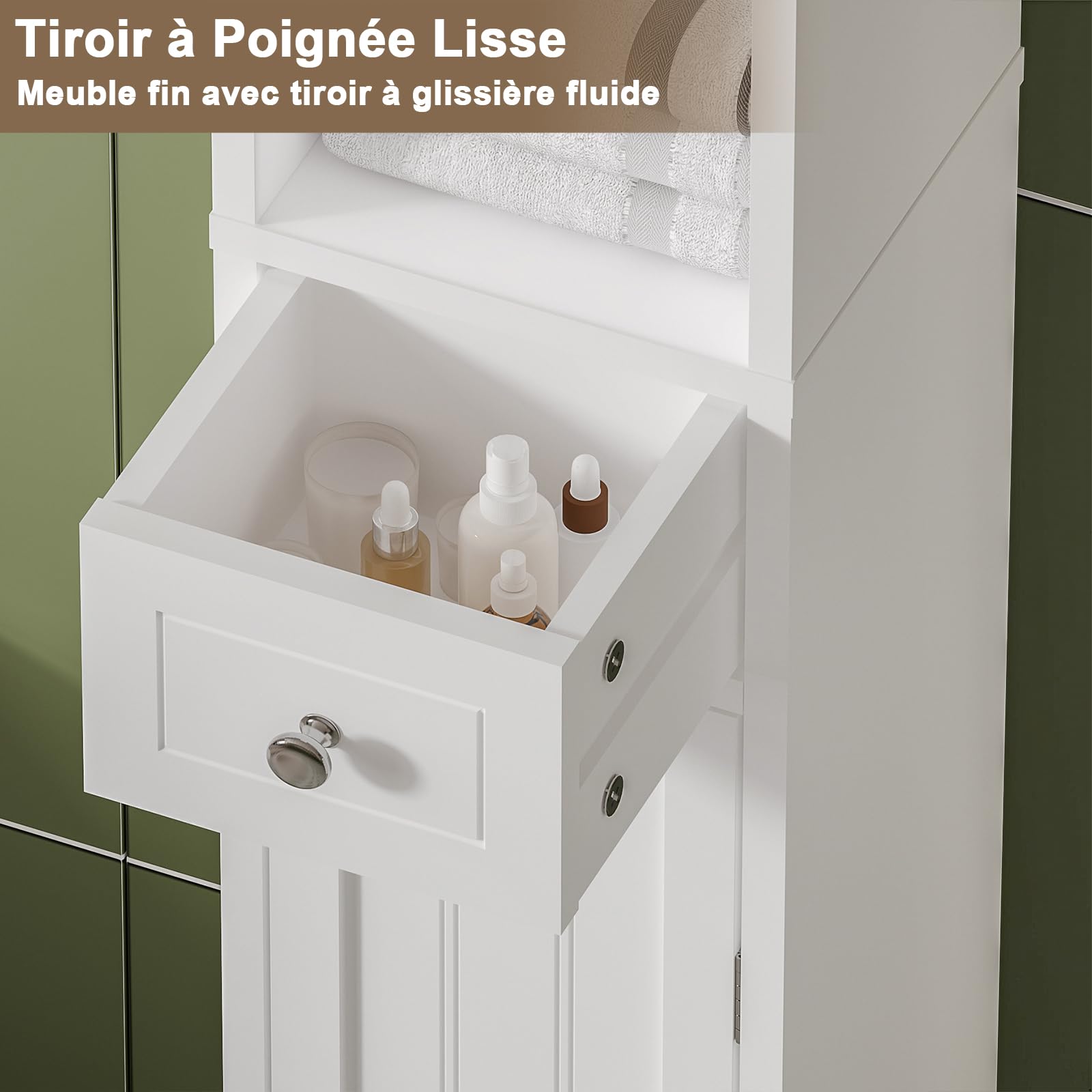 Meuble Colonne Salle de Bain, Armoire Haute de Salle de Bain avec 2 Portes et 1 Tiroir, Étagères Réglables, pour Petits Espaces, Blanc