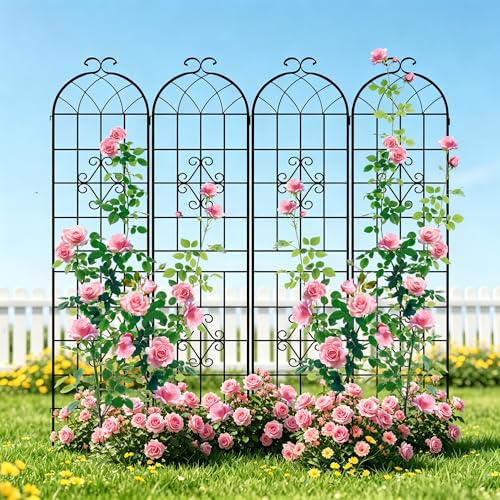 Image of LZRS 4 Pack 78.7x20in Rustic Iron Arch Decoration Garden Trellis with Black Metal Coating - Perfect for Supporting Climbing Plants Outdoor, Roses, Vines, Flowers, and Vegetables.