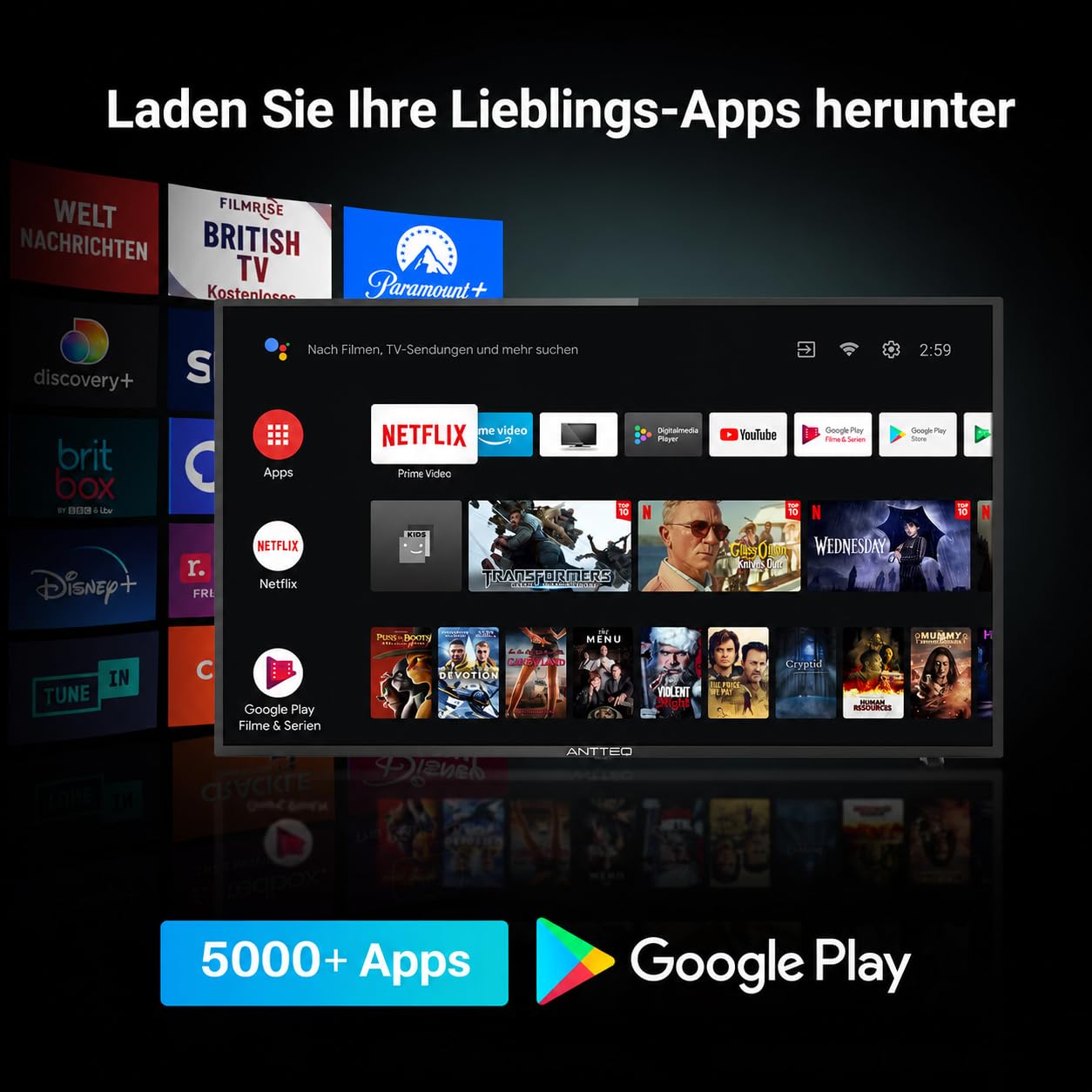 Antteq AG32H3 Smart TV 32 Zoll Bluetooth (Fernseher 80 cm) Android TV mit WLAN, Sprachassistent, Triple Tuner (DVB-C/S2/T2), Google Play Store (DAZN/Netflix/Prime Video), WiFi