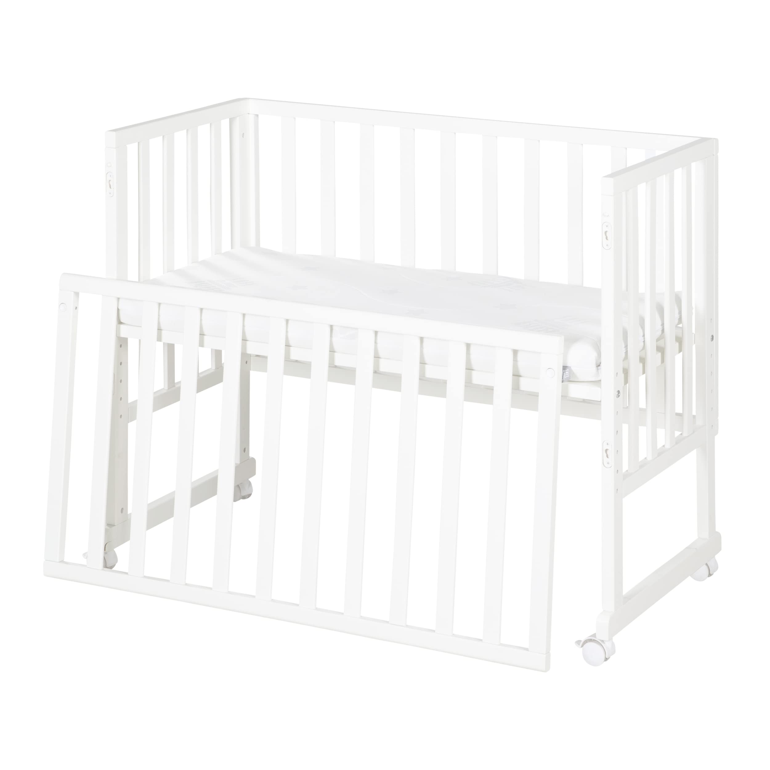 roba Cuna Colecho 45 x 90 cm Safe Asleep 3 en 1 - Altura Ajustable - Conjunto Completo con Cuna, Colchón, Barrera de Tela y Ruedas con Freno - Madera Blanca
