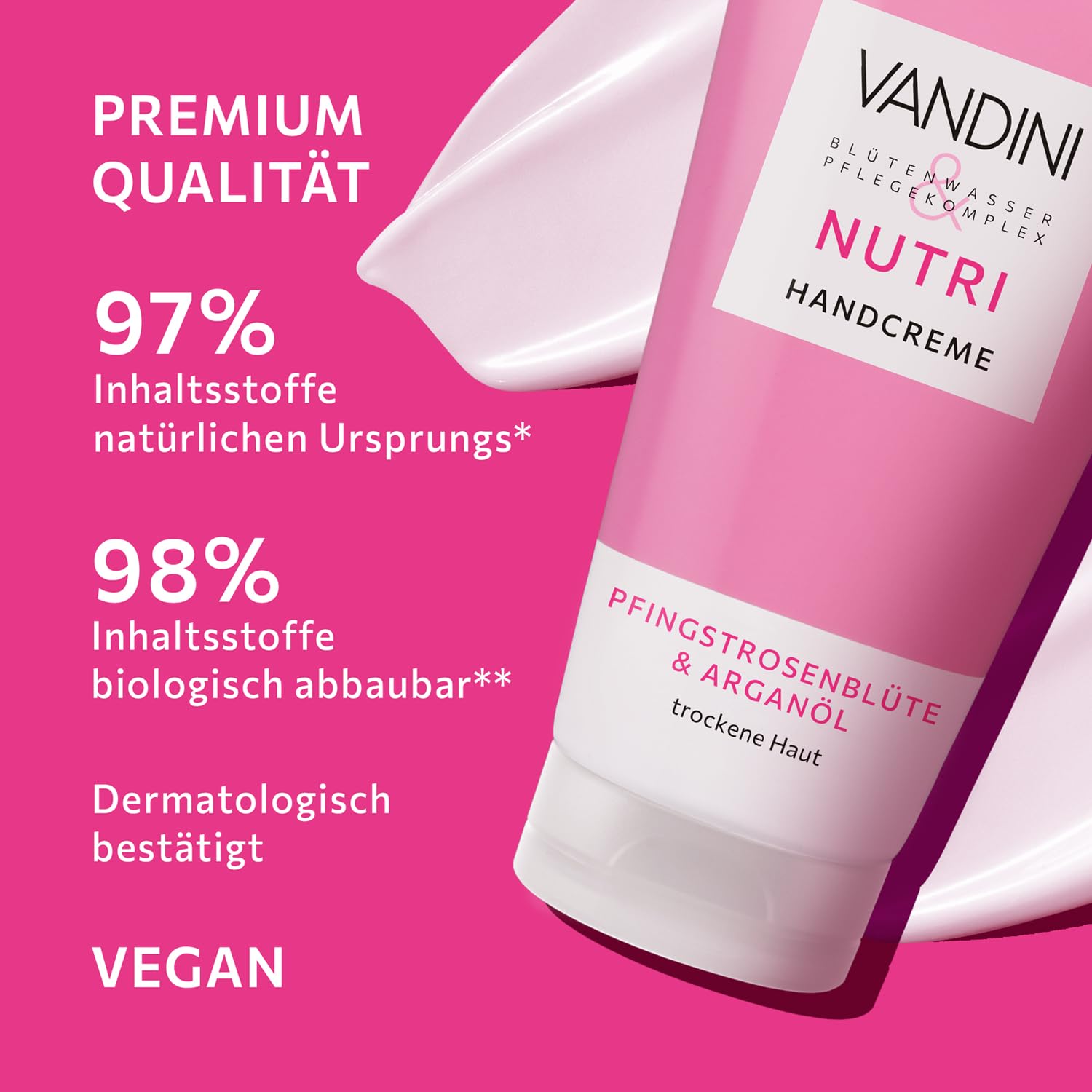 VANDINI NUTRI Crema de manos para mujer, 6 unidades, 75 ml, con flor de peonía y aceite de argán, crema de manos para piel seca, vegana, sin parabenos ni siliconas, dermatológicamente probada