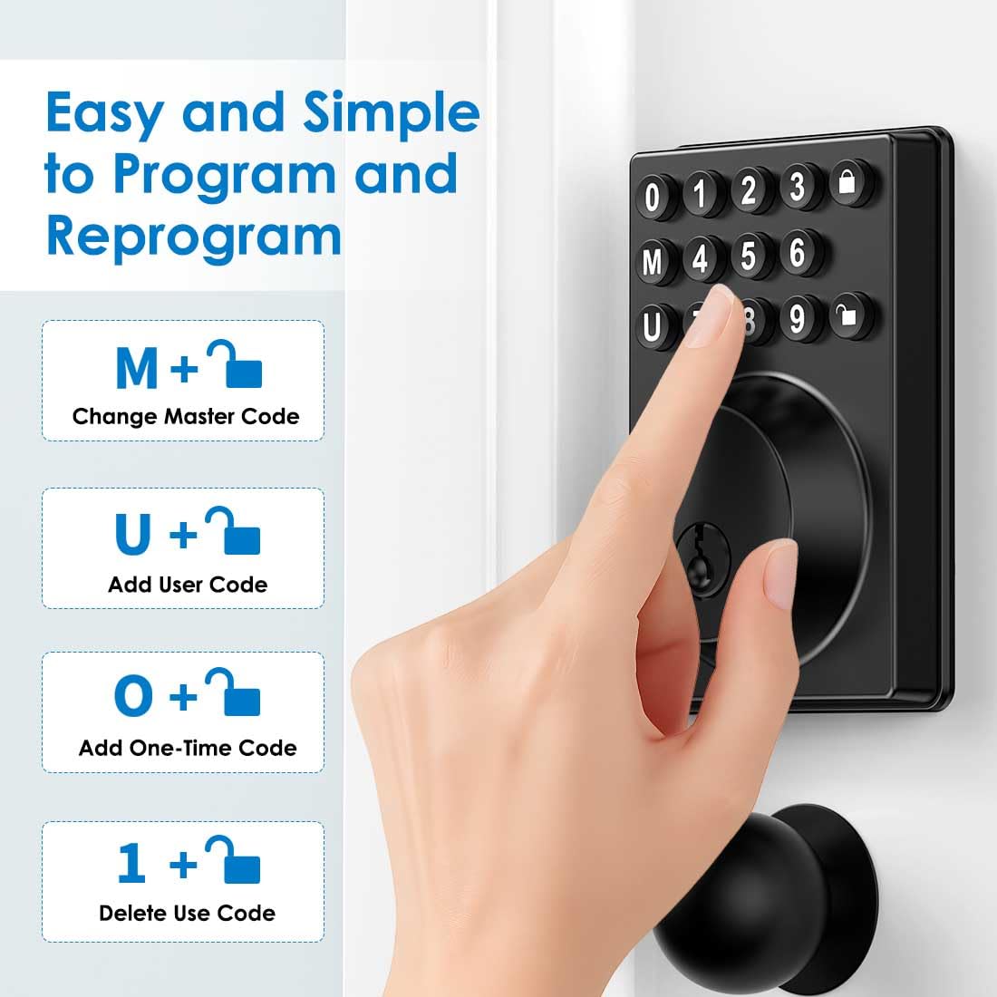 Schlüsselloses Türschloss, Tastenfeld, Riegel, mattschwarz, mit einfachem One-Touch-Programm und fortschrittlicher Sicherheit, automatische Verriegelung, einfache Installation, 2 Ersatzschlüssel