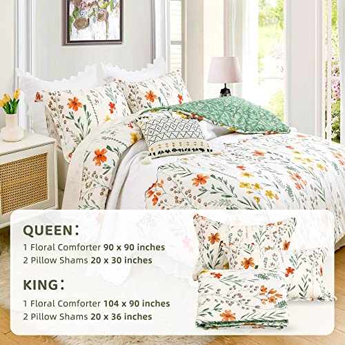 Cozytide King Size Comforter Set, Cotton White Floral Bedding Comforter Sets With Green Botanical Flower Printed 3Pcs Ultra Soft Microfiber Inner Fill Reversible Fluffy Spring Comforter Set #TOP6