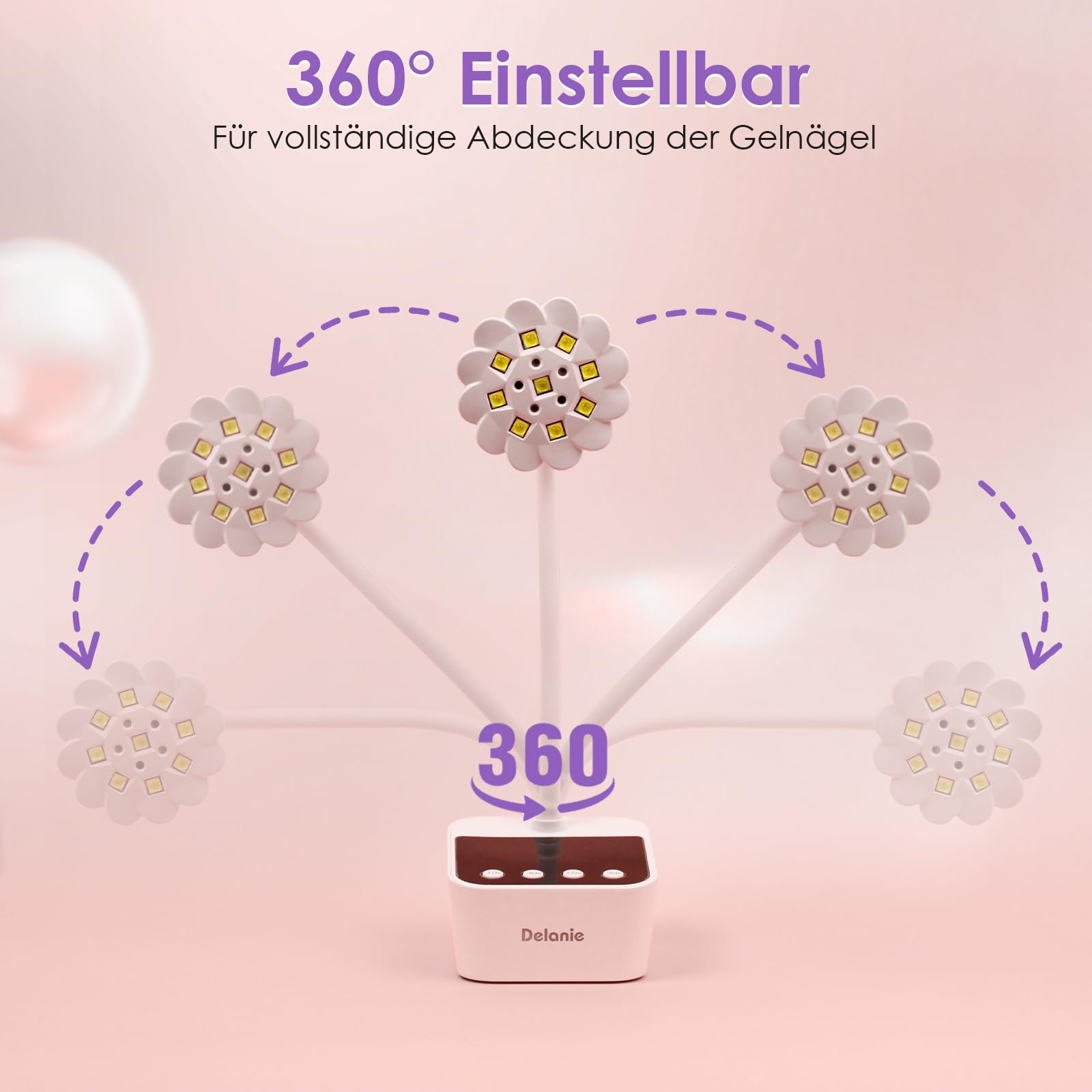 Delanie Mini UV Lampe für Nägel Schnelltrocknung mit Auto Sensor & Anzeige, Wiederaufladbare Nagel UV Lampe Schwanenhals 360° einstellbar mit 4 Timer-Modus, tragbare UV Nagellampe für Gelnägel