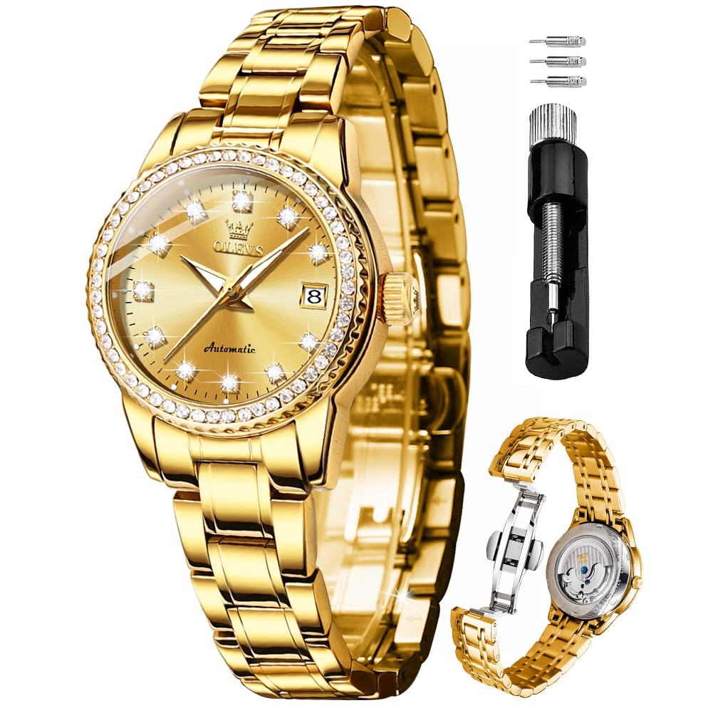 OLEVS Gold-schwarz Diamant Frauen Uhr Automatische Mechanische Luxus Kleid Klassische Edelstahl Armband Damen Uhr