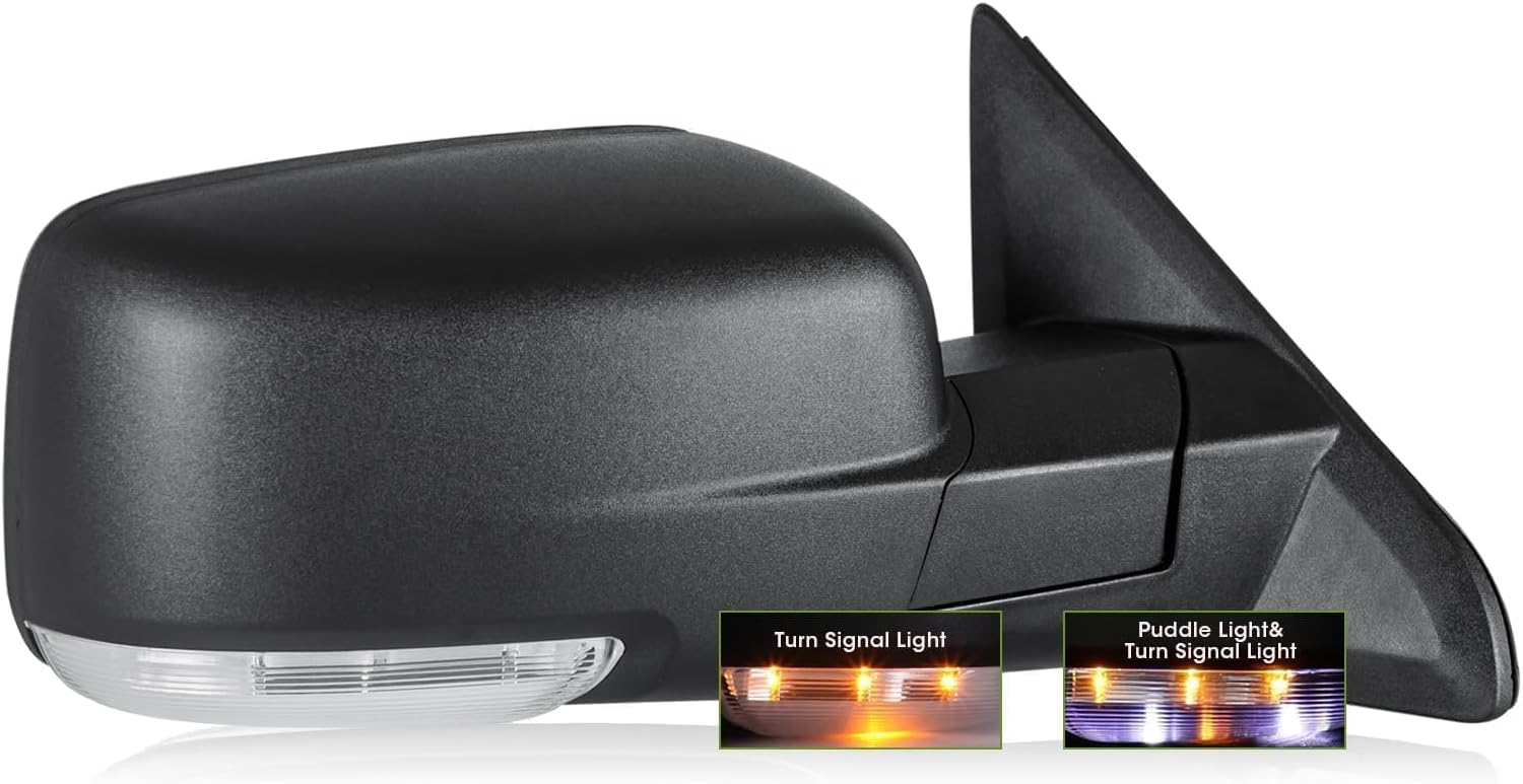 Passenger Side Mirror for 2009-2018 Ram 1500 2010-2018 Ram 2500 3500 2019-2024 1500 Classic Tow Mirror Power Heated Turn Signal Puddle Light Manual Folding-Right Black